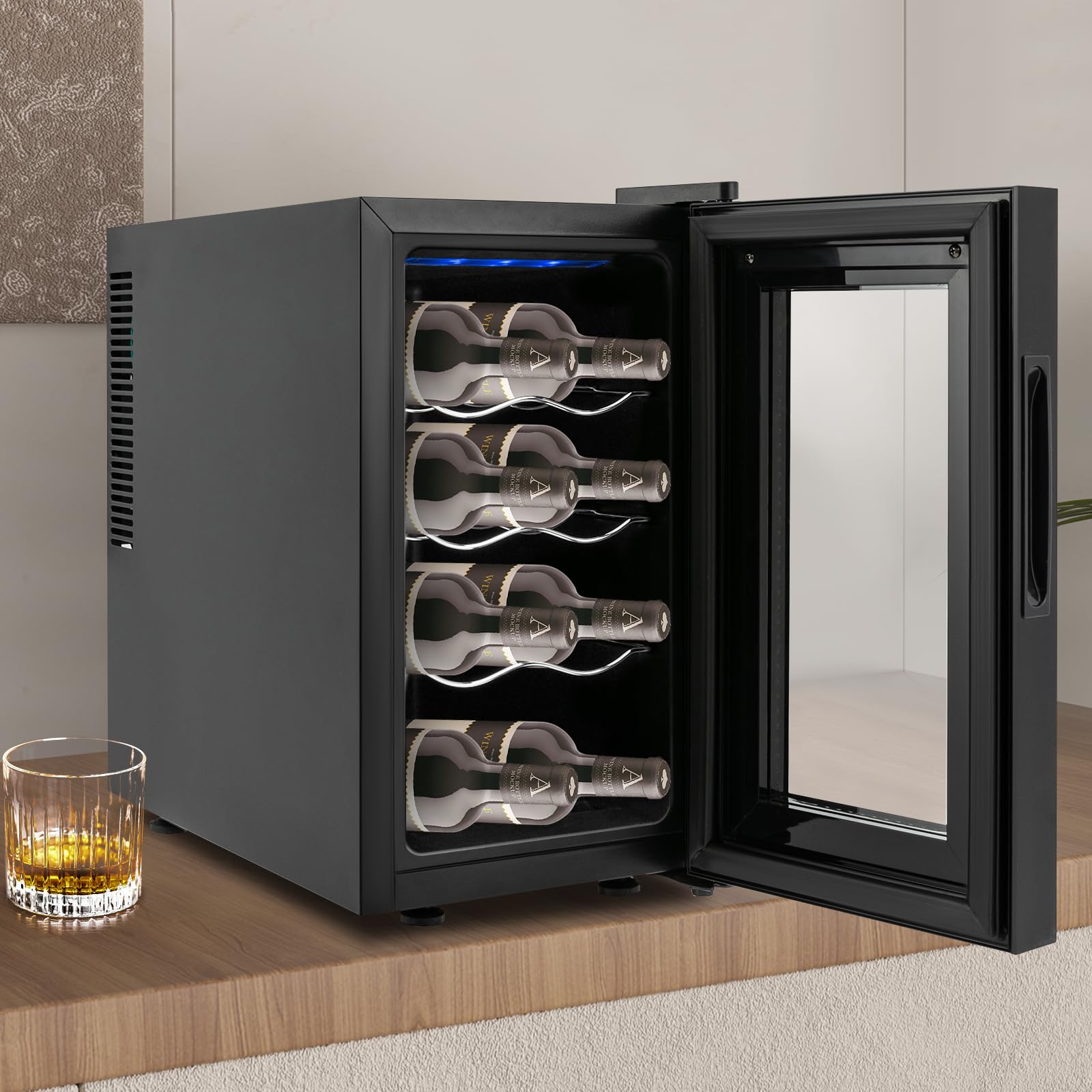 Refrigeratore per vino da 8 bottiglie, per vino dolce, vino rosso secco, nero, 25,8 x 50,2 x 46,5 cm, 23 l