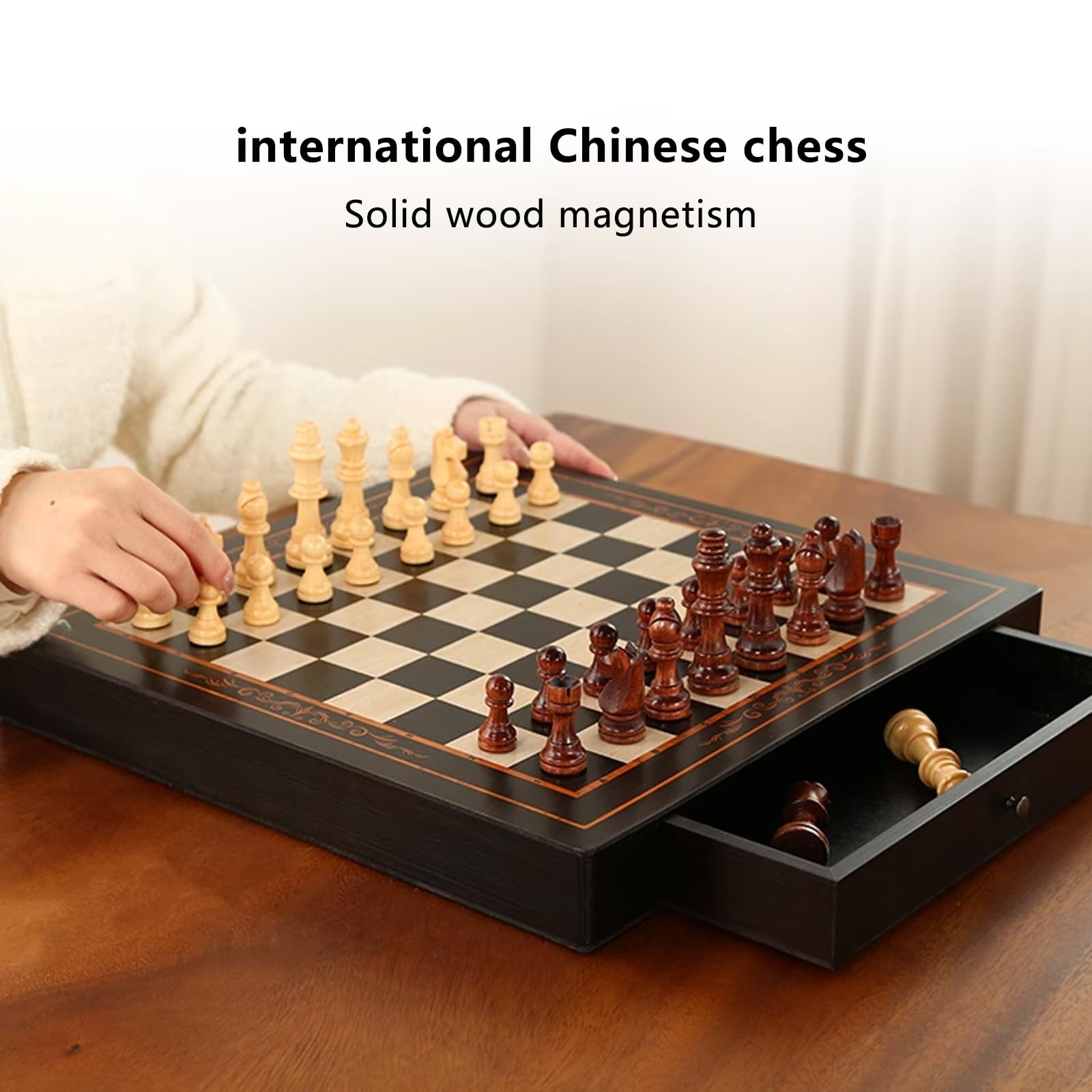 Scacchiera in Legno,9.4" Scacchiera Portatile Con pezzi di scacchi e cassetti di stoccaggio incorporati, Facile da trasportare,Scacchiera Magnetica in Legno per Scacchi Per I Pr(Size:11.8*11.8*1.8in)