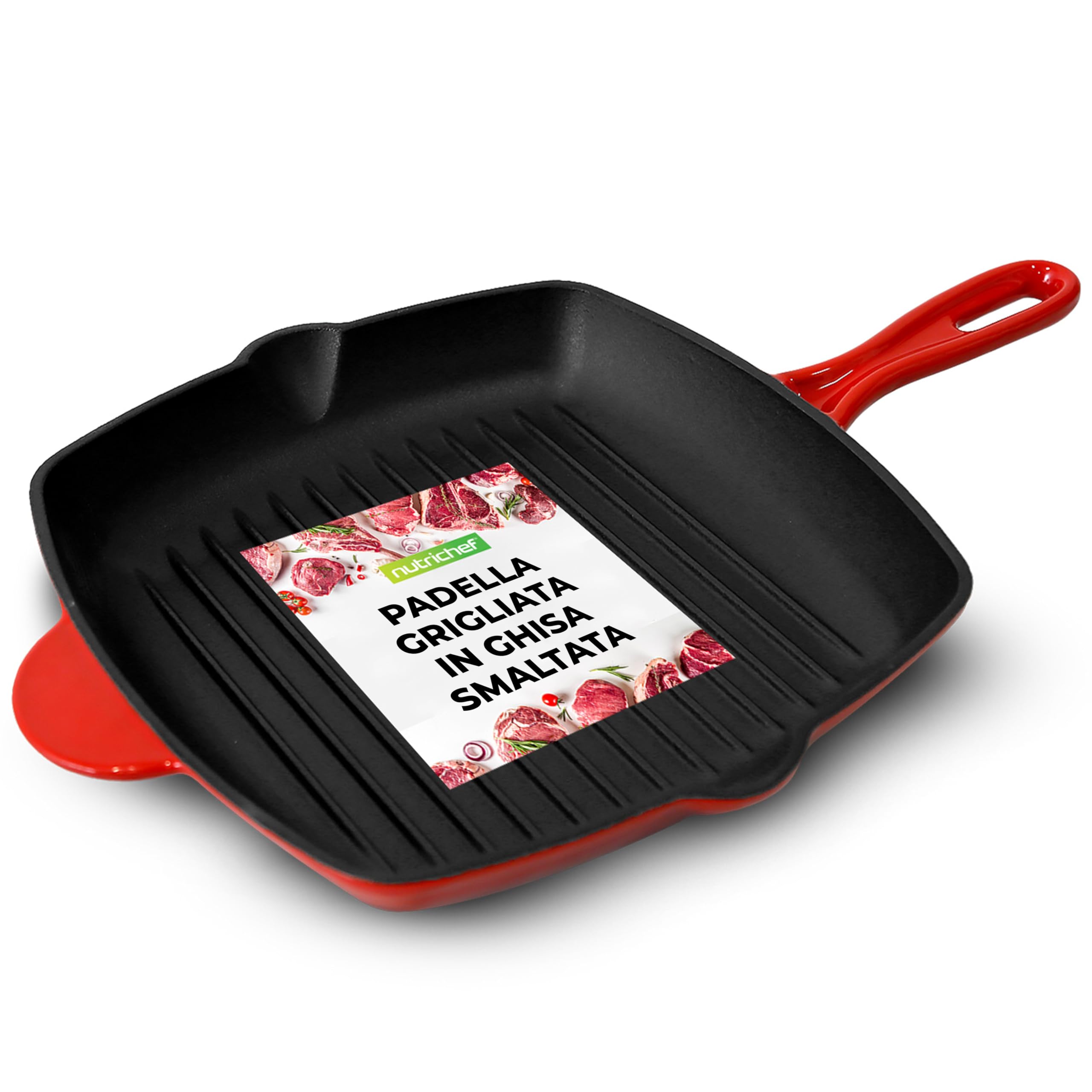 NutriChef Bistecchiera Antiaderente in Ghisa Smaltata da 28 cm, Padella Quadrata con Beccuccio, Compatibile con Tutti i Piani Cottura, Segni di Grigliatura