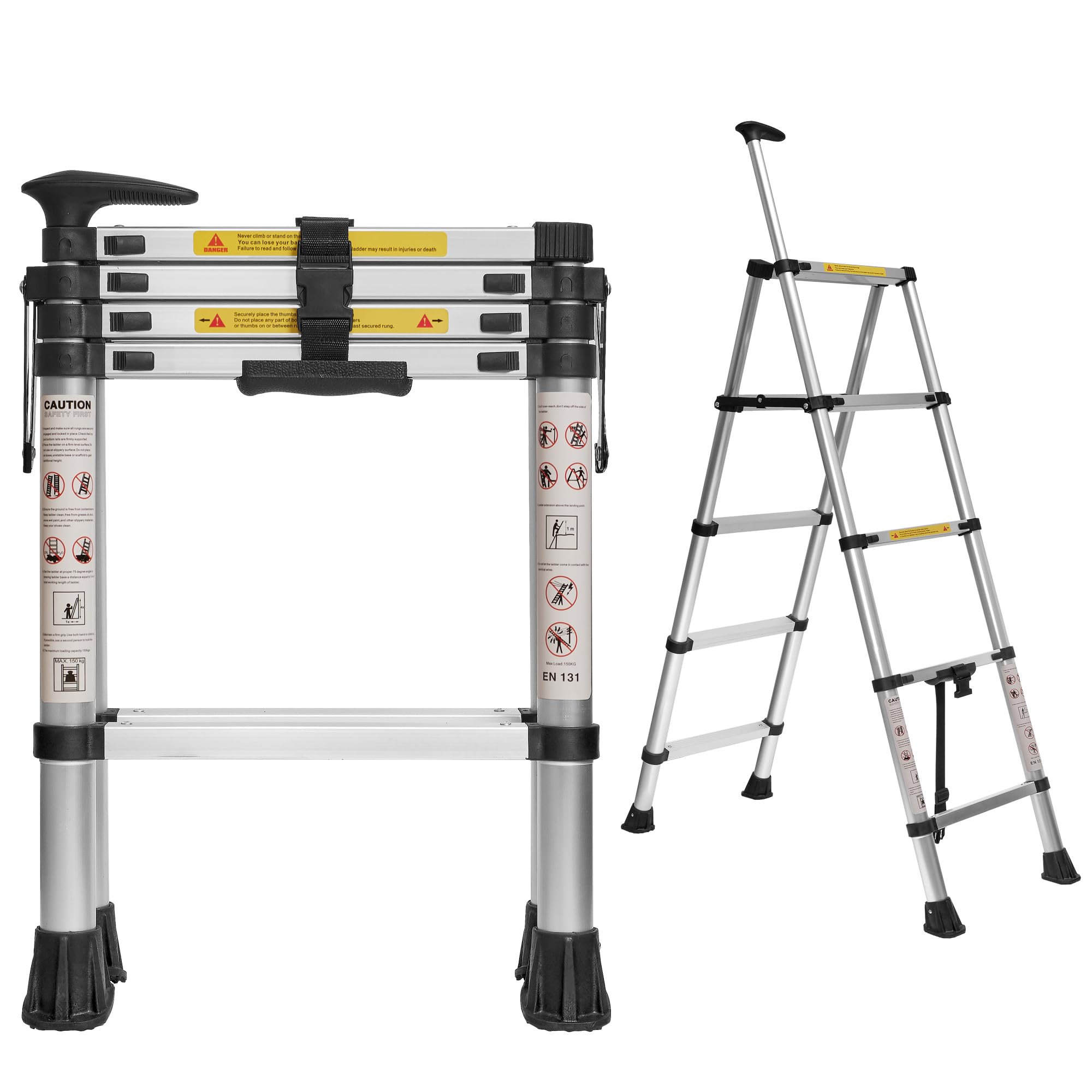 - 5.6 FT A-Frame Aluminium Telescoping Ladder,6+6 Step Ladder,330LB Load Capacity,Portable Telescopic Folding Extension Ladder Heavy Duty Collapsible (Sliver, 1.7m+2m/12.2FT Handrails)
