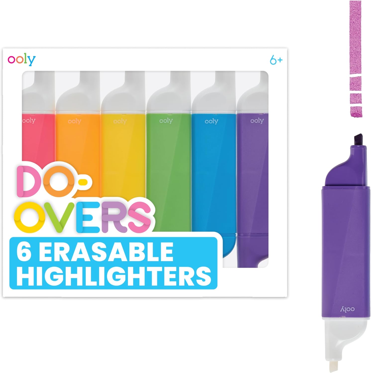 OOLY Do-Overs Erasable Highlighters [Set of 6] - Chisel Tip-for Note Taking, Drawing, Art Supplies, School Supplies for Kids of All Ages [Do Over Highlighters]