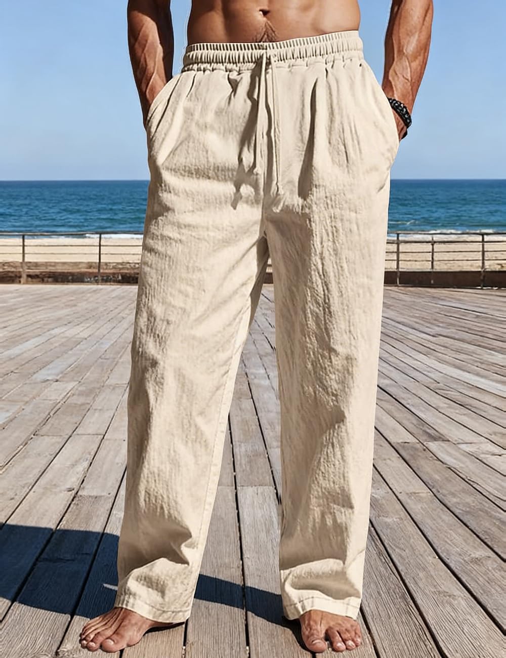Men's Casual Linen Pants Loose Fit Drawstring Waist Lightweight Men Linen Summer Beach Long Pants Yoga - Image 2