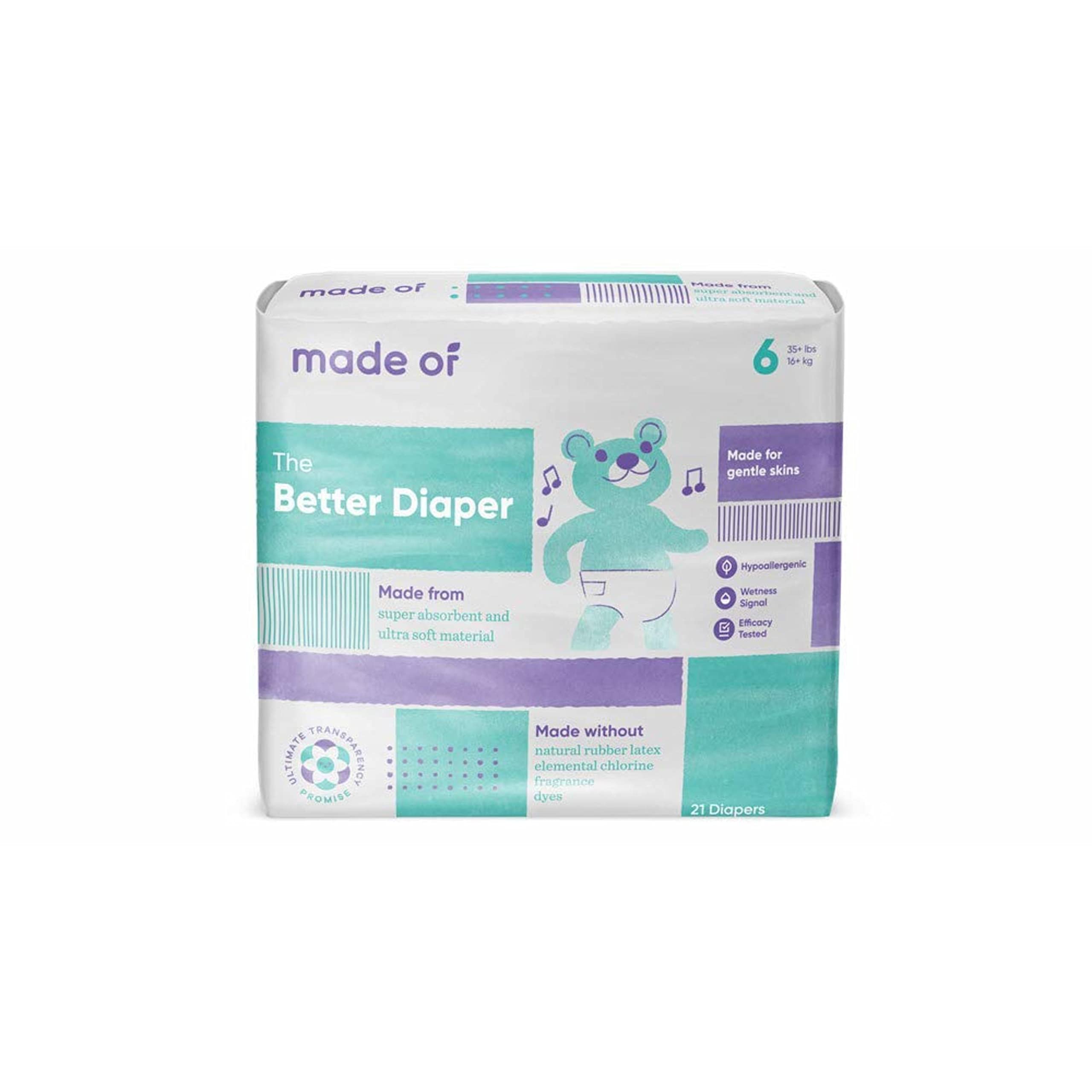 Diapers Size 6 - MADE OF The Better Baby Diapers - for Sensitive Skin, Hypoallergenic - Dyes and Fragrance Free, 35+ pounds (84 Units - 4 Pack)