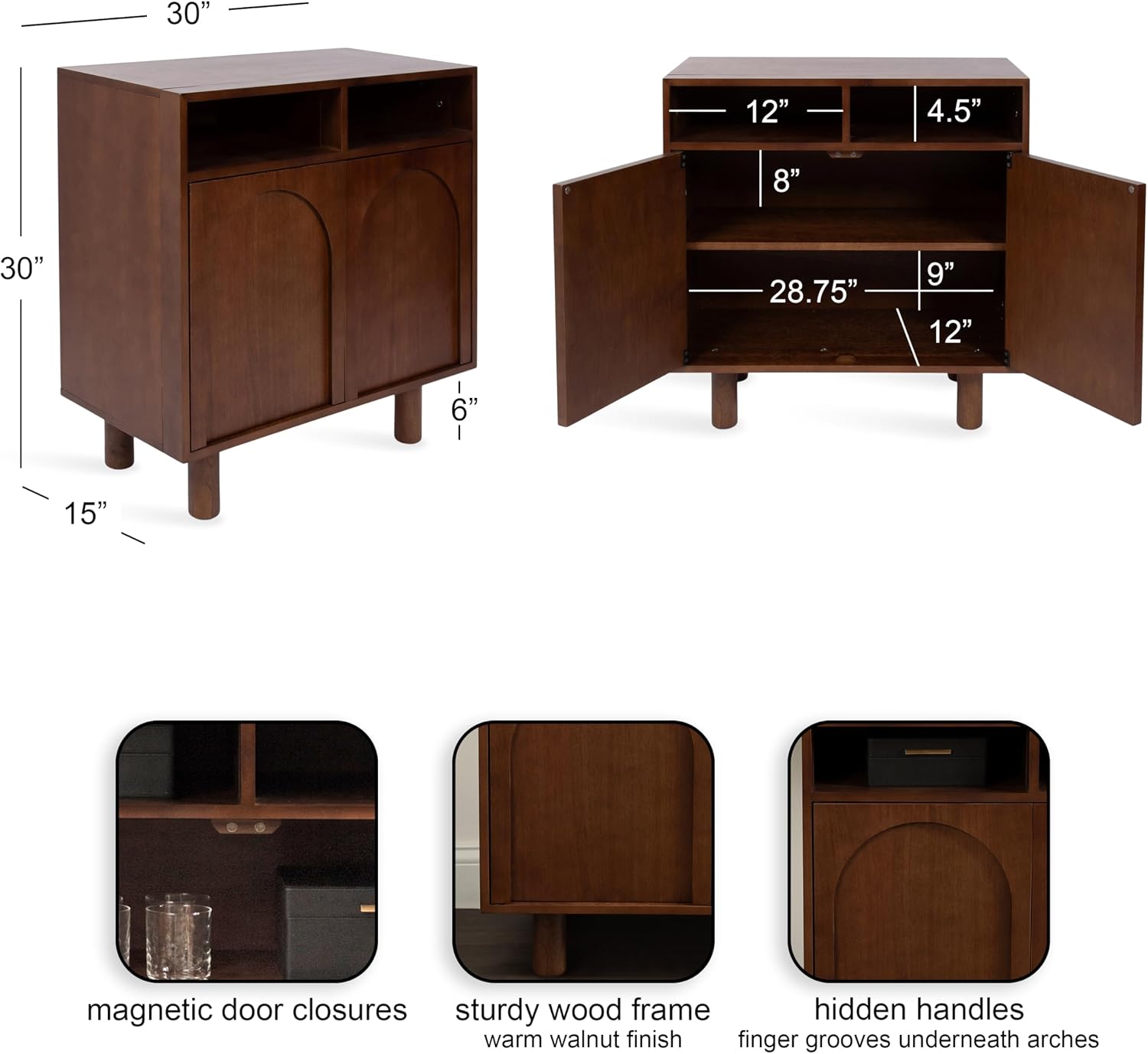 Kate and Laurel Cabernel Modern Two-Door Mango Wood Floor Storage Cabinet, 30 x 15 x 30, Walnut Brown, Living Room TV Stand with Arches for Use as Sideboard Buffet Cabinet or Bar Storage Buffet