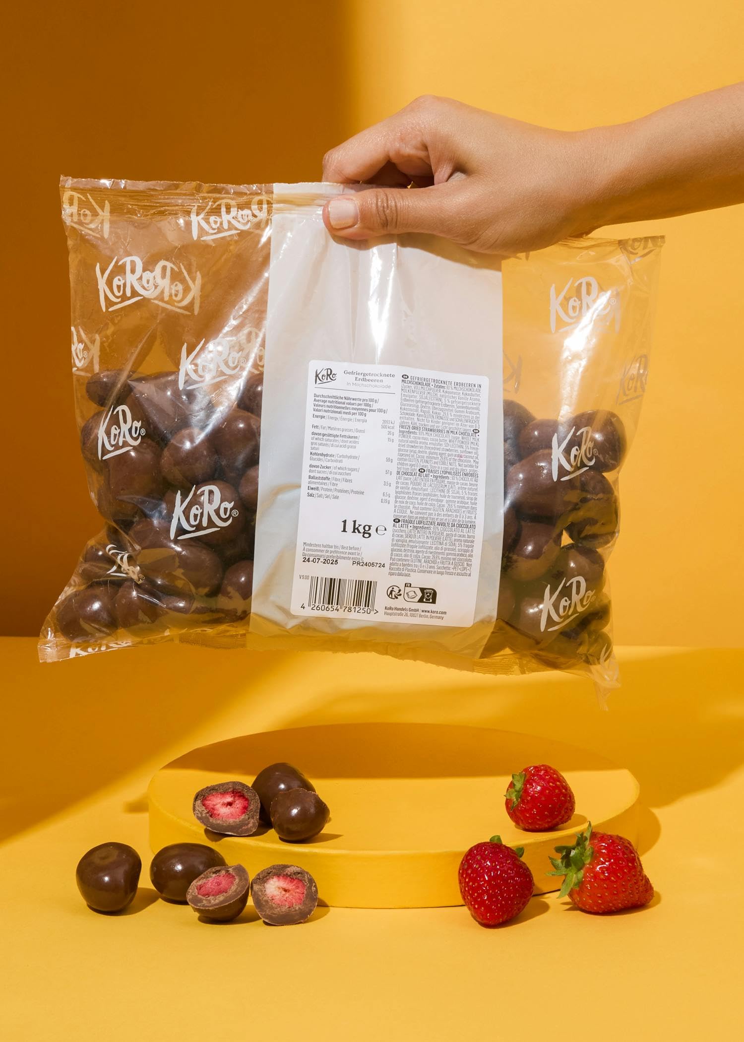 KoRo - Fraises lyophilisées au chocolat au lait 1 kg - Fruité et croquant - Snack dans un paquet avantageux