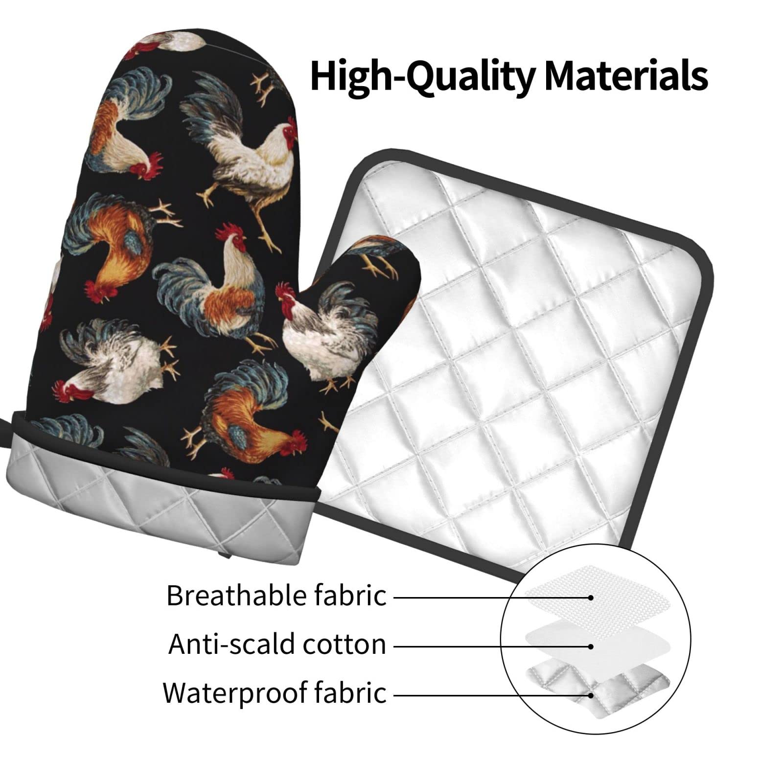 Set Cucina Con Gallo: 4 Strofinacci, 2 Tappeti, 2 Presine, 2 Guanti Da Forno, Design Rustico Nero E Bianco, Regalo Per Mamma E Nonna