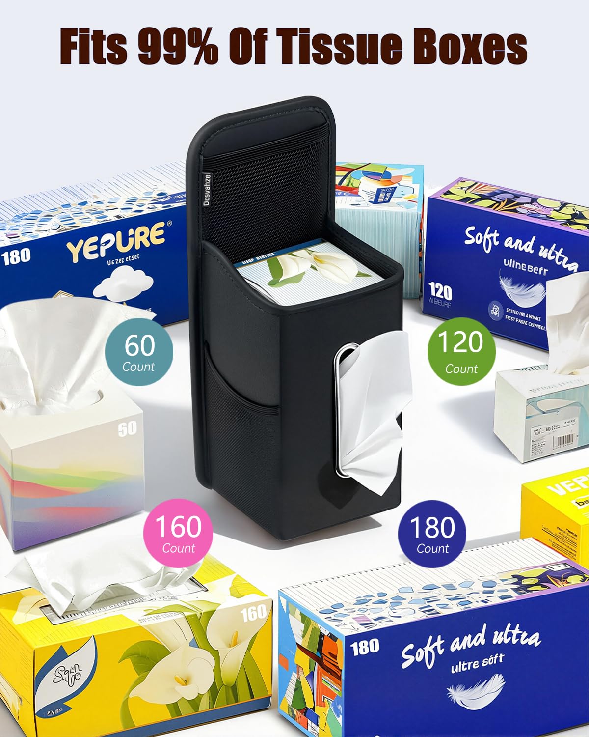 Organizador de asiento de coche – Soporte de pañuelos de tamaño completo, se adapta a pañuelos de 200 unidades, instalación estable, montaje lateral con 3 bolsillos de malla, piel sintética