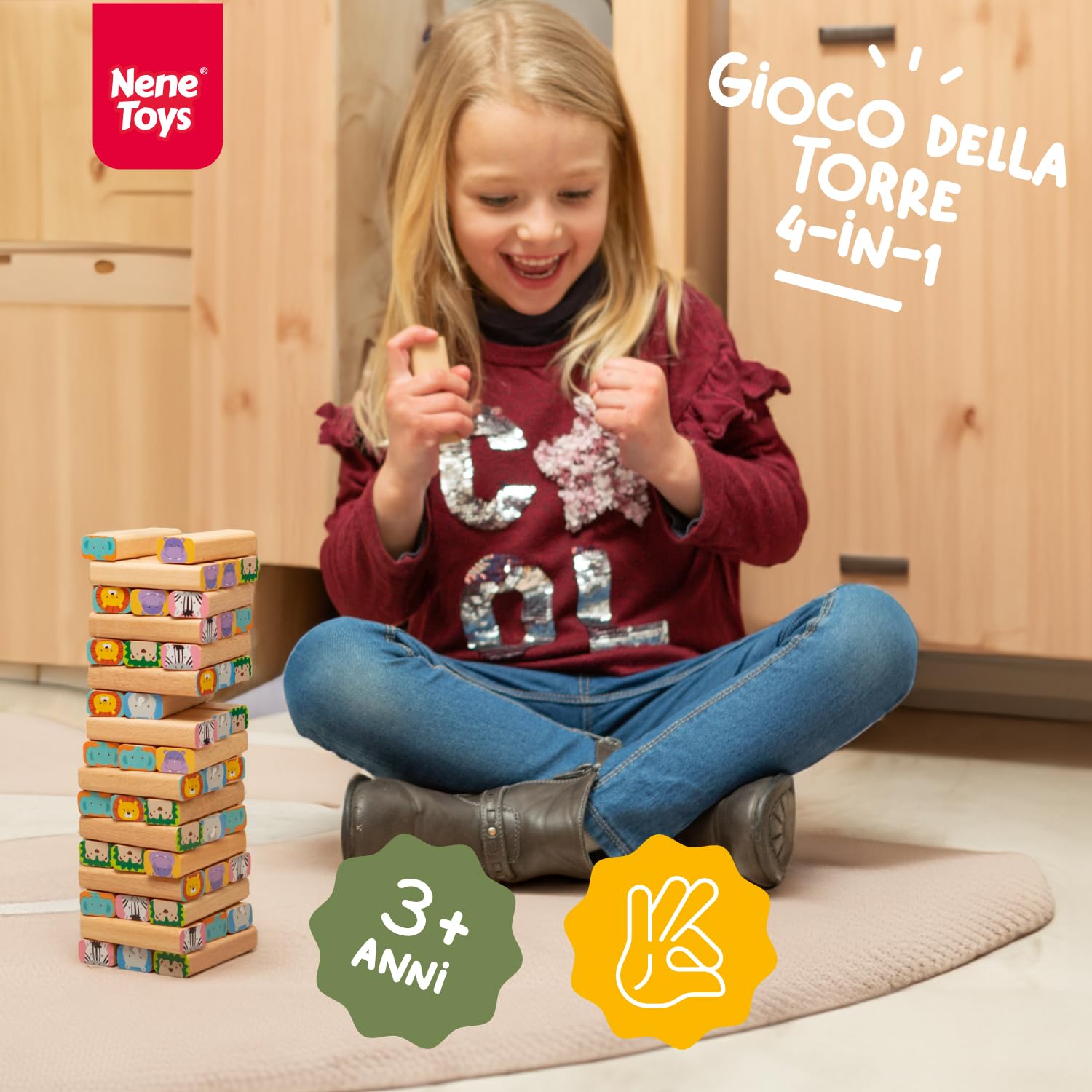 Nene Toys Gioco Costruzioni Legno con Blocchi – Gioco da Tavolo 4 in 1 con Blocchi di Legno, Carte e Dadi – Gioco Montessori Educativo Safari per Bambini dai 3 ai 9 Anni sugli Animali