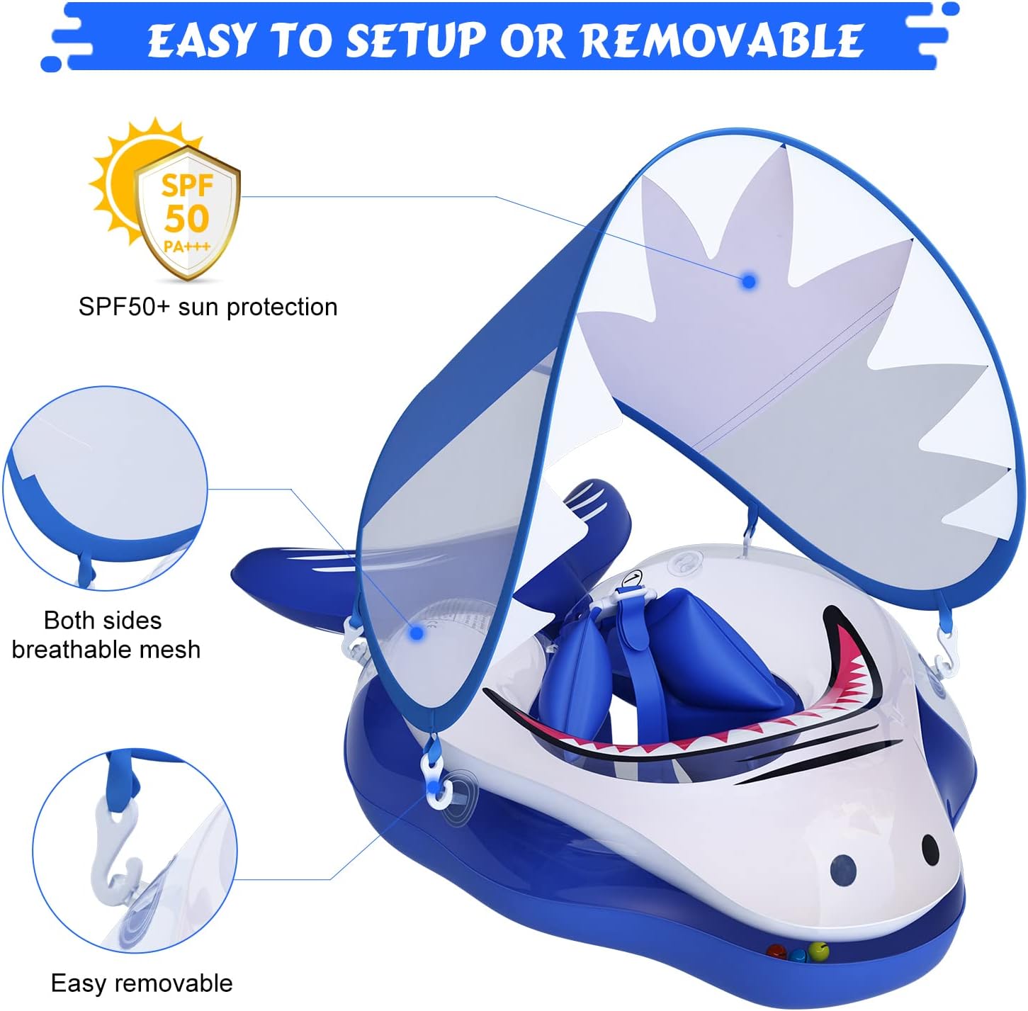 Baby Pool Float - Infant Inflatable Swimming Floaties with UPF50+ Sun Canopy - Bottom Support and Anti-Flip Tail for Safer Swim for Newborn Age 3-36 Months Toddler (Blue, L)