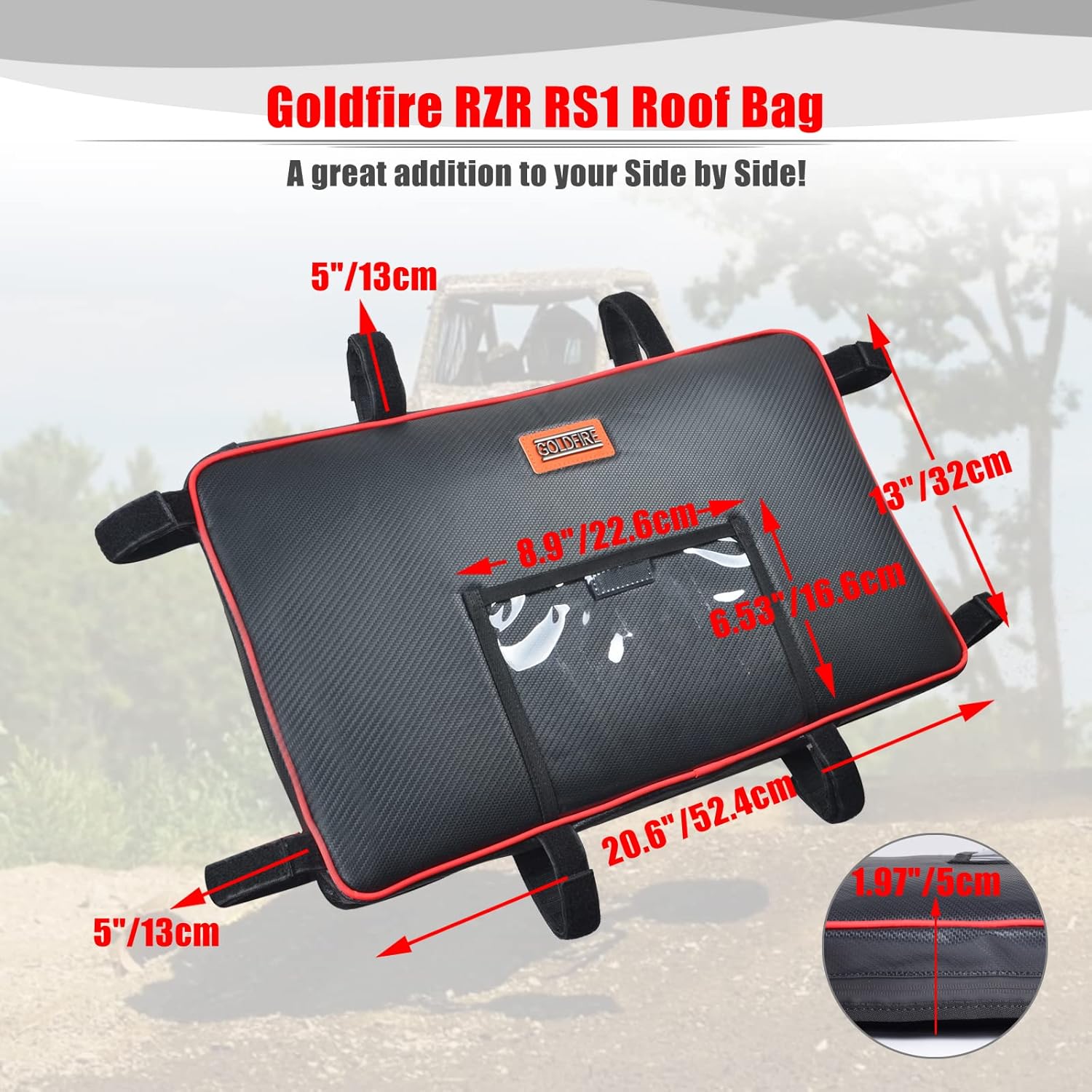 Goldfire RZR RS1 Orange Piping Overhead Storage Bag Roof Map Bag Universal Vehicle Adjustable Quick Release Roll Bar Fire Extinguisher Mount for Polaris RZR RS1 Accessories