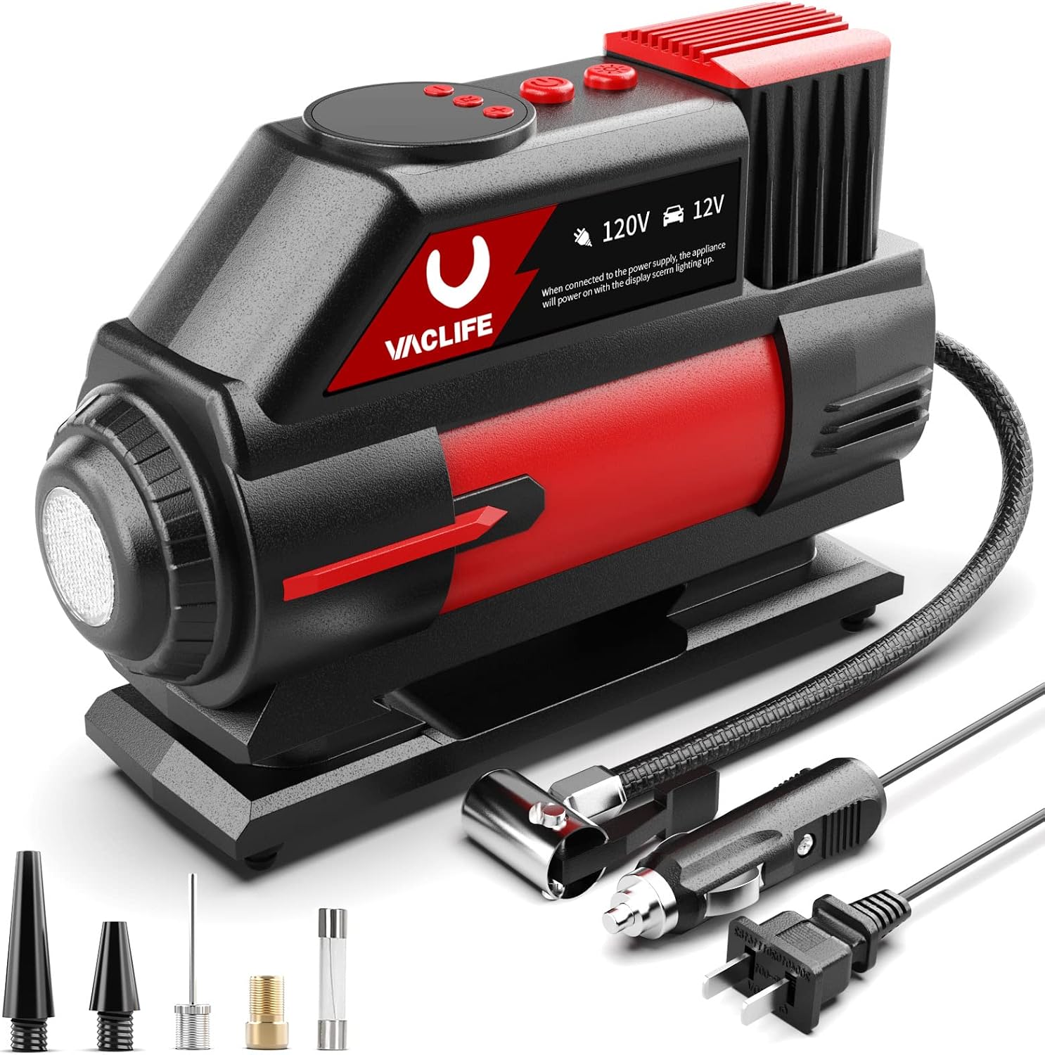 VacLife Tire Inflator, 12V DC/120V AC Portable Air Compressor with Auto-Shutoff Design, Fast-Inflating Air Pump for Car Tires, Car Air Pump for Various Purposes, ATJ-6888, Red(VL748)