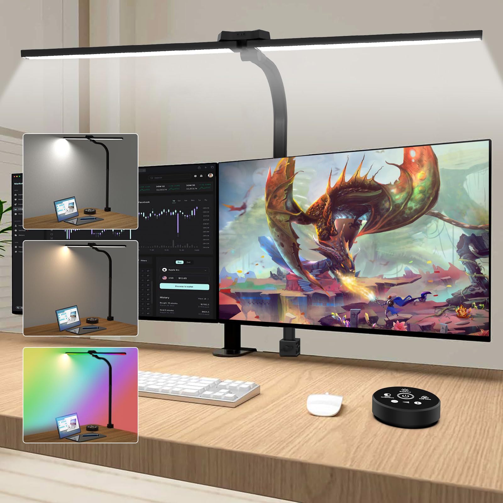 ERAY Lampara Escritorio LED de Doble Cabeza, 24W 80CM RGB Flexo LED Escritorio de Regulable con Control Gestual y Mando a Distancia, Lámpara de Mesa con Abrazadera para Estudio, Oficina, Monitor