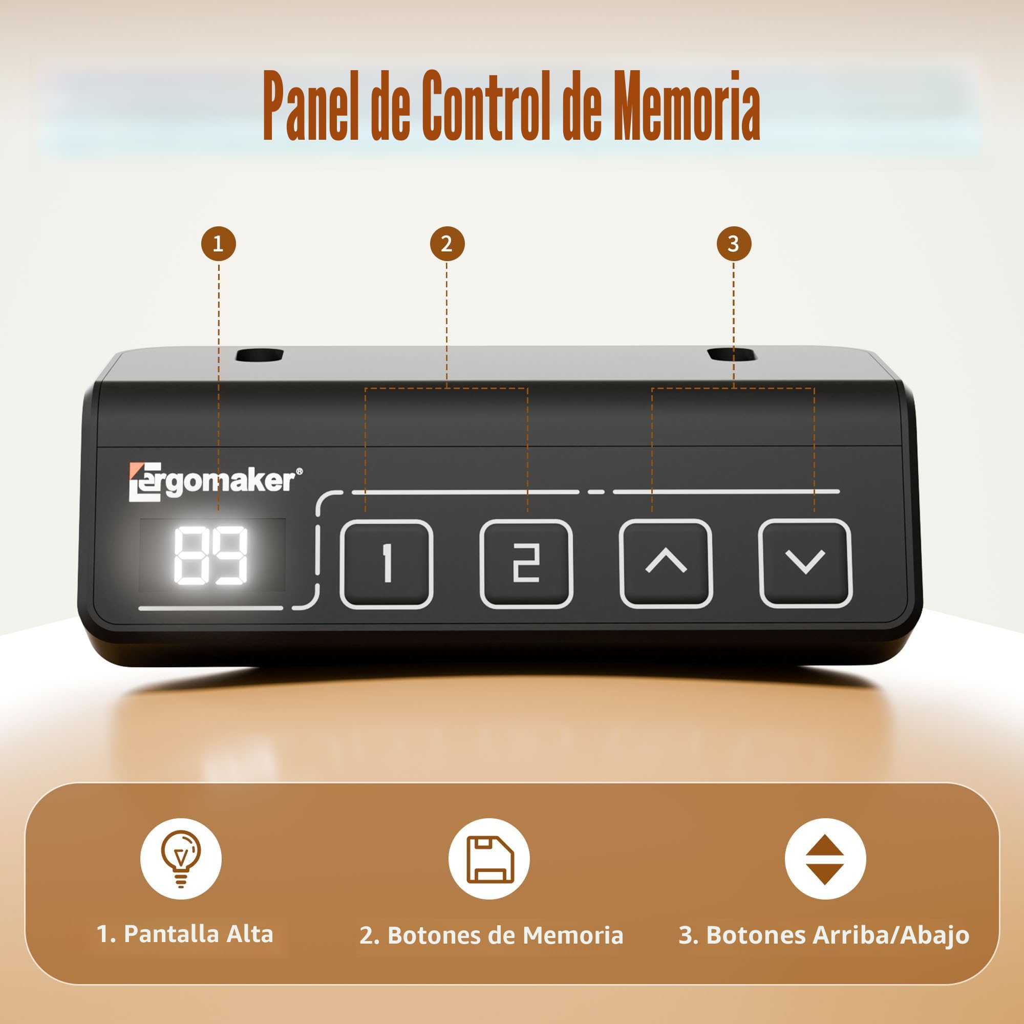 ERGOMAKER Escritorio Regulable en Altura 90 x 60 cm, Altura Regulable eléctrica con función de Memoria, Mesa ergonómica Regulable en Altura, marrón Claro