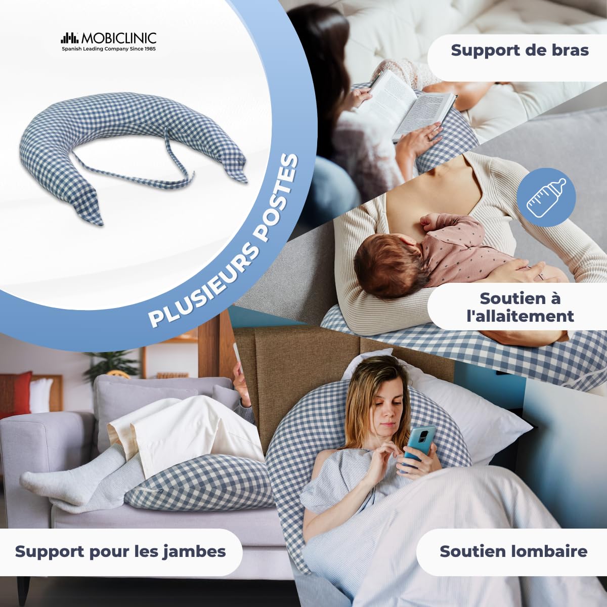 Mobiclinic®, Coussin Allaitement et Grossesse XXL, 3 en 1, Housse 100% Coton, 150 cm, Sangles Réglables, Multifonction, Aura, Amovible et Lavable, Multi-Position, Vichy Print