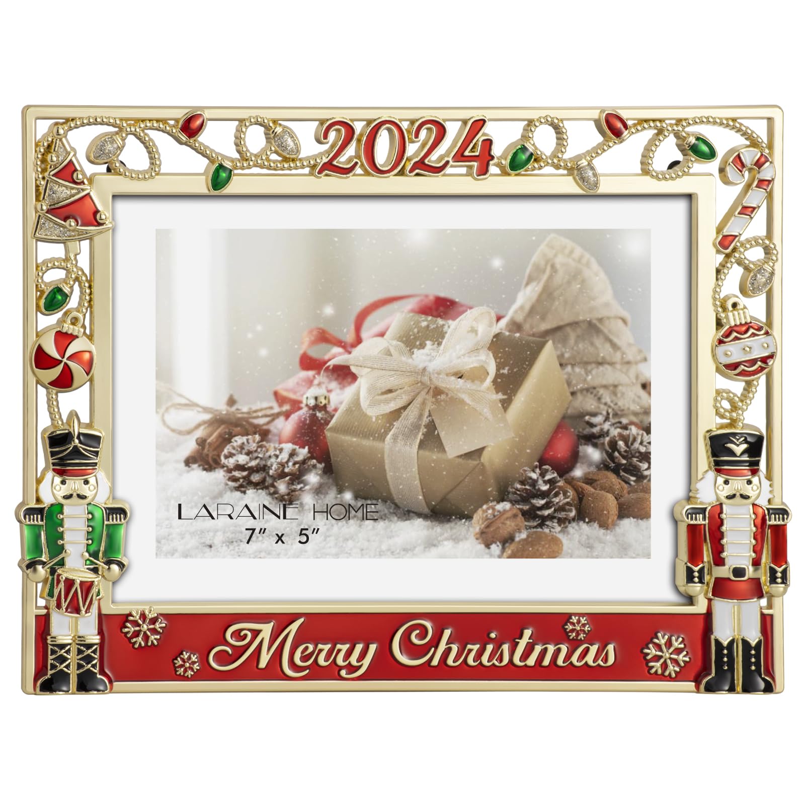 LARAINE Picture Photo Frame 5x7 Metal 2024 Christmas Nutcracker Soldier High Definition Glass Display Pictures for Tabletop Home Decorative Holiday Gift (Gold)