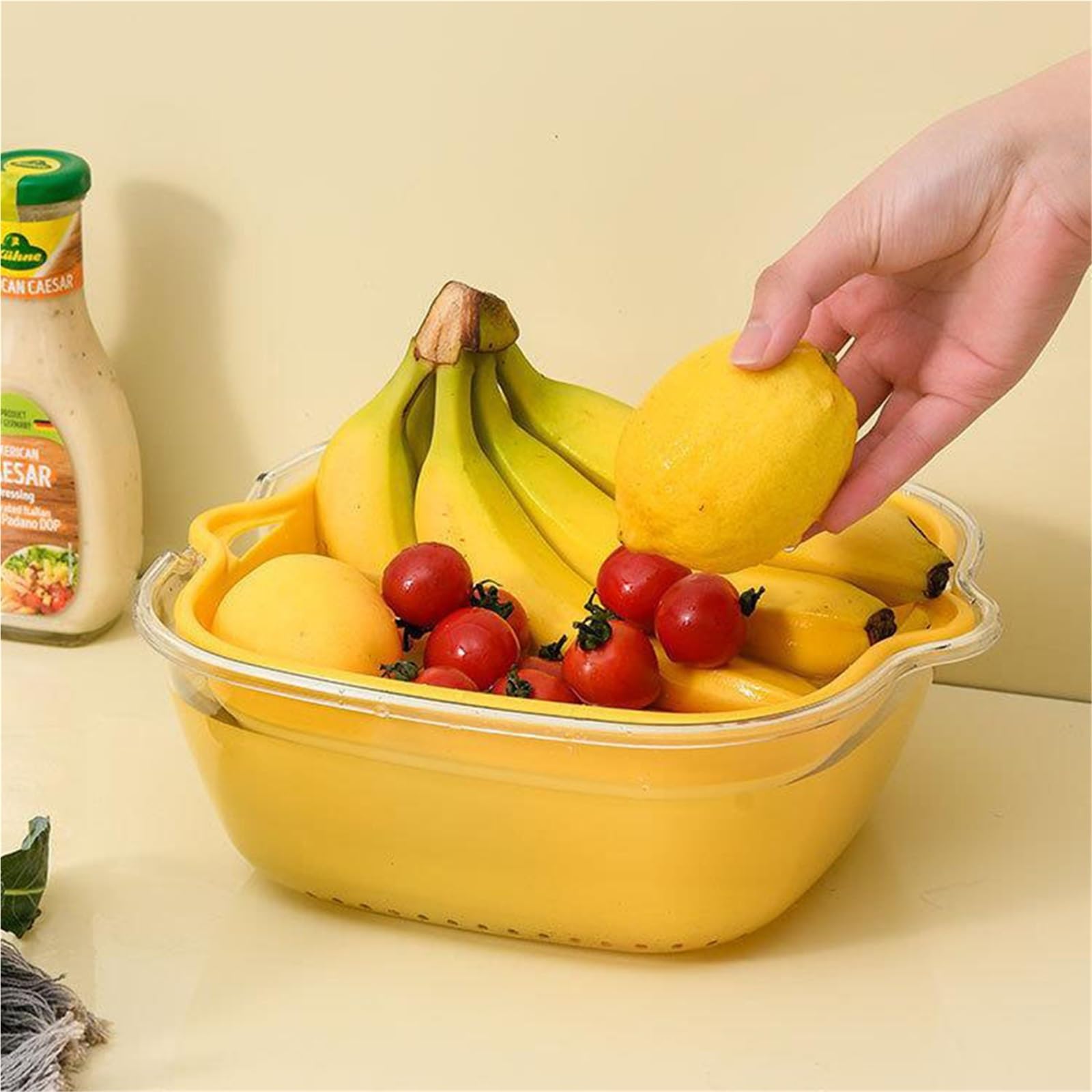 Cuenco de cesta drenaje doble silicona for cocina, 3 uds Para Cocina | Cesta de almacenamiento for lavado, coladores, cuencos, escurridor, colador de limpieza de verduras, herramienta(Yellow)