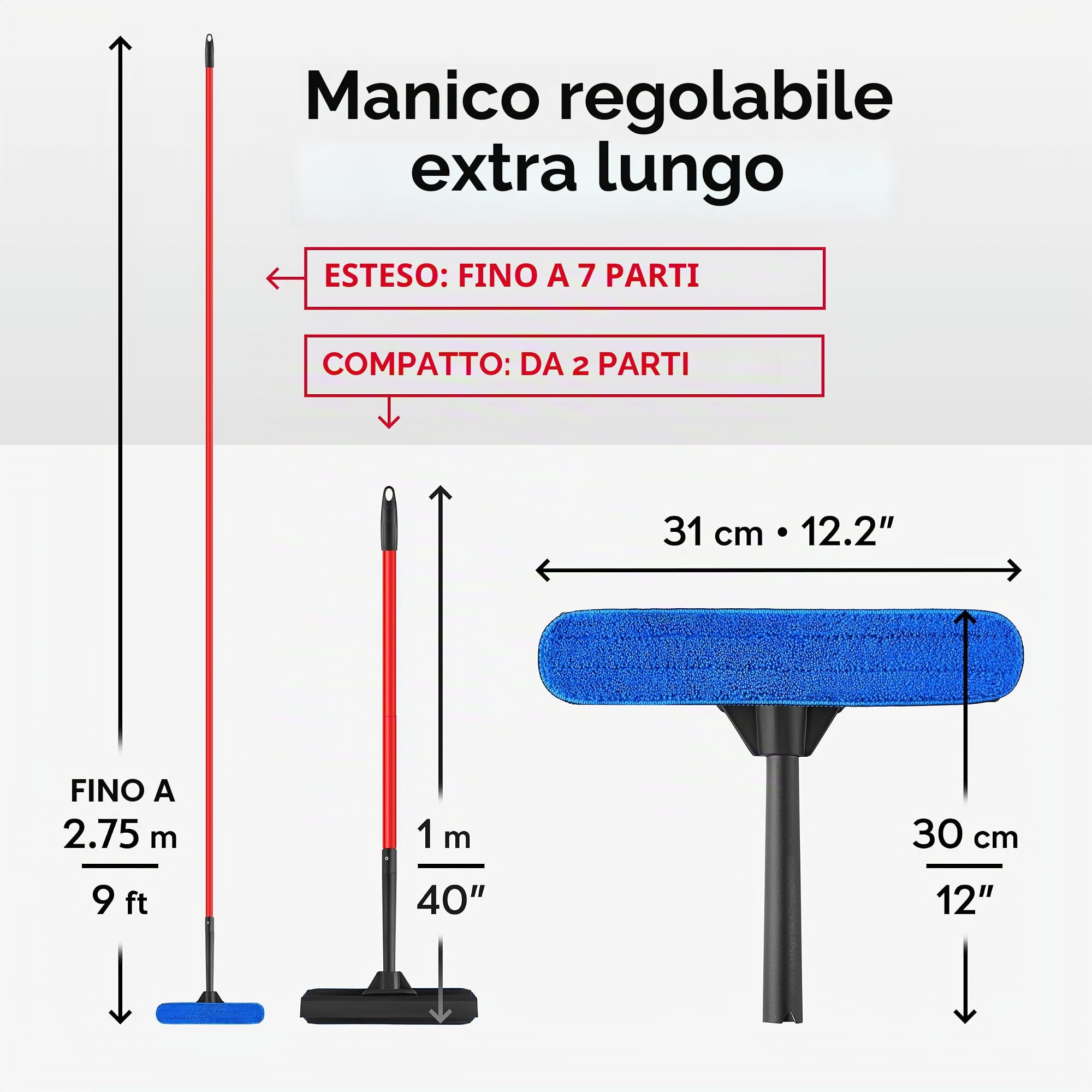 Tyroler Lavavetri Telescopico Professionale 2-in-1 | Bastone Telescopico per Pulizia Vetri Finestre 30-280cm | Tergivetro in Gomma 100% | Durata e Protezione Superiori Pulisci Vetri Telescopicos