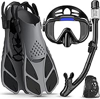 Ubekezele 4-in-1 Snorkeling Gear for Adults: Panoramic Anti-Fog Mask, Dry Top Snorkel, Adjustable Fins & Travel Bag