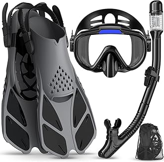 Ubekezele 2022 Snorkeling Gear for Adults Men Women,4 in 1 Snorkel Set with Panoramic View Diving Mask Anti-Fog Anti-Leak,Dry Top Snorkel,Fins and Travel Bag for Swimming,Snorkeling and Travel Diving