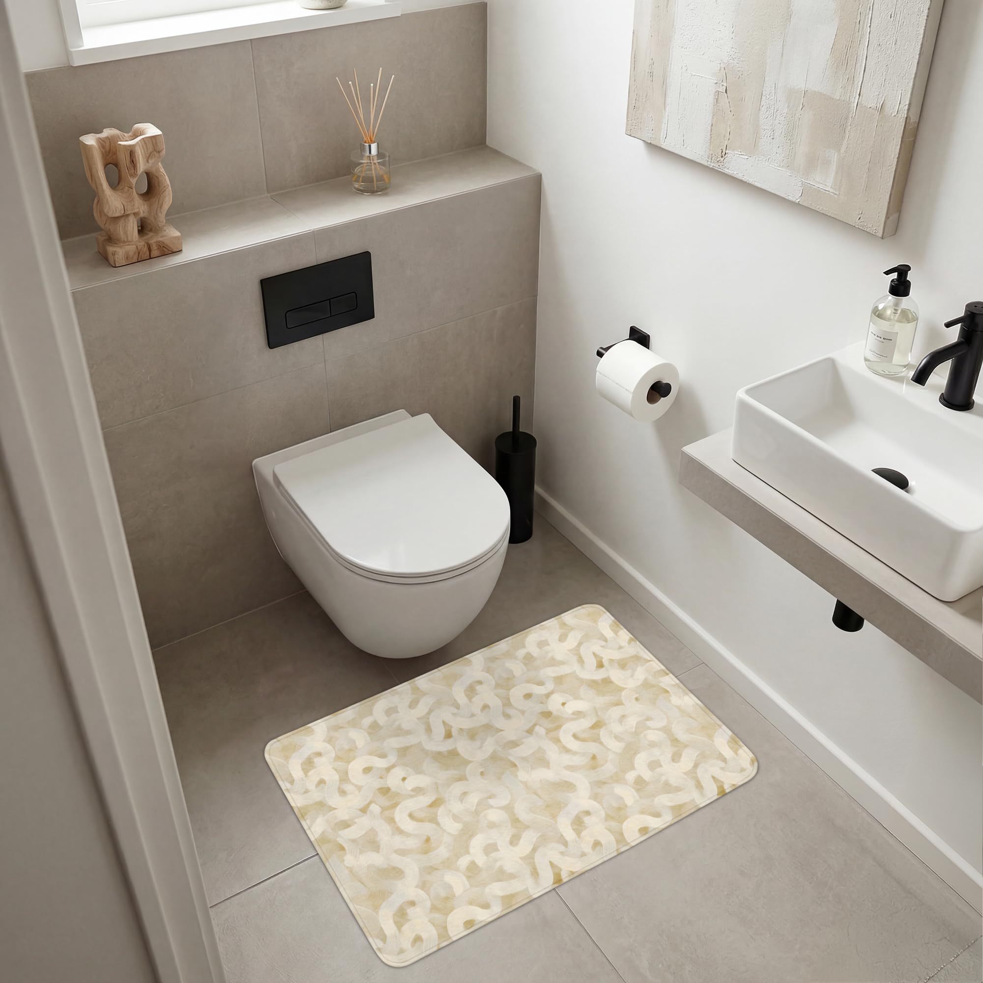 Bath Mat Rectangular 90x60 cm Alfombra Baño Alfombrilla Alfombras Ducha Lavable Antideslizante Tapete Banheiro Decoración Abstracto - Líneas - Beige