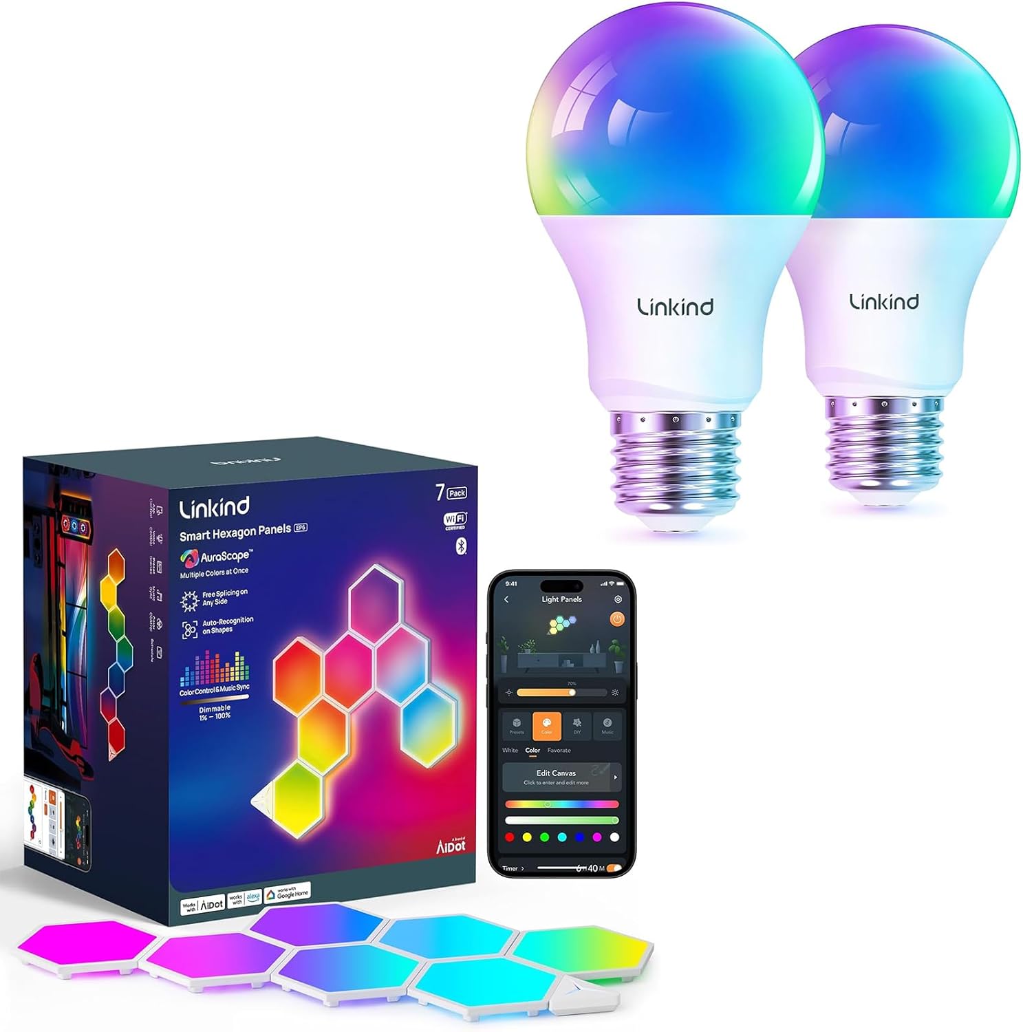Matter Smart Light Bulb 2 Pack and Smart Hexagon Lights 7 Pack Compatible with Alexa and Google Home