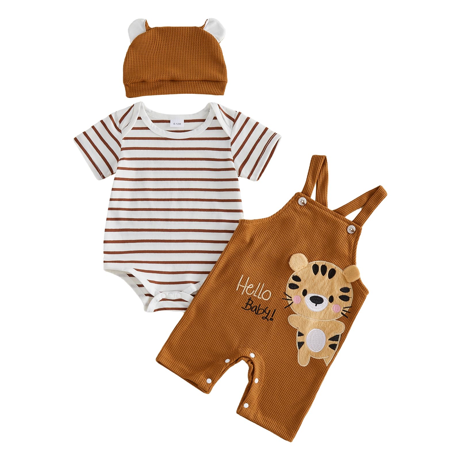 Ensemble Bébé Garçon 3 Pièces Tenue Bébé Garçon Barboteuse Rayée Salopette Brodée Chapeau Vêtement Mignon pour Garçons 0-18 Mois