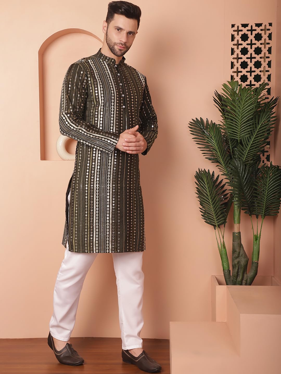 Jompers Men's Mehndi Mirror Work Kurta With Pyjama (Mehndi, L)