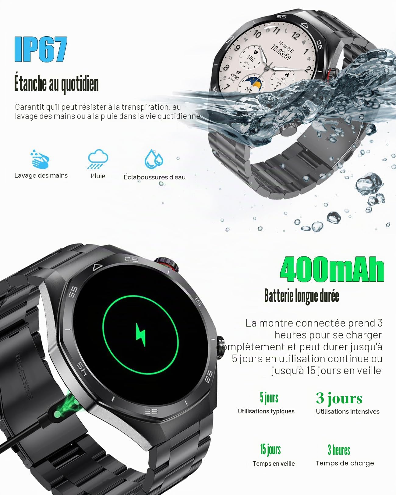 Montre intelligente homme Traqueur fitness Bluetooth Étanche IP67 Écran tactile HD 1,54" Fréquence cardiaque/pression artérielle