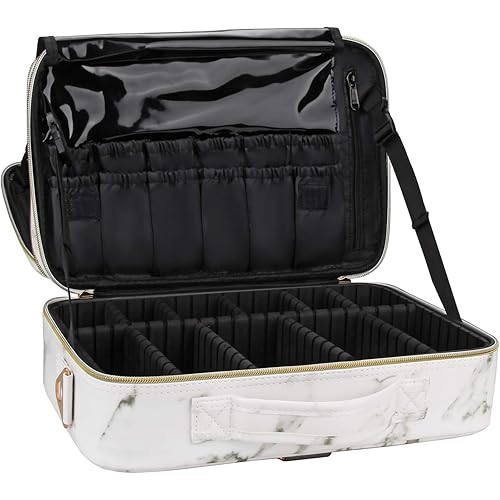 Relavel Makeup Bag Travel Makeup Train Case Large Cosmetic Case Professional Portable Makeup Brush Holder Organizer and Storage with Adjustable Dividers (Marble White)