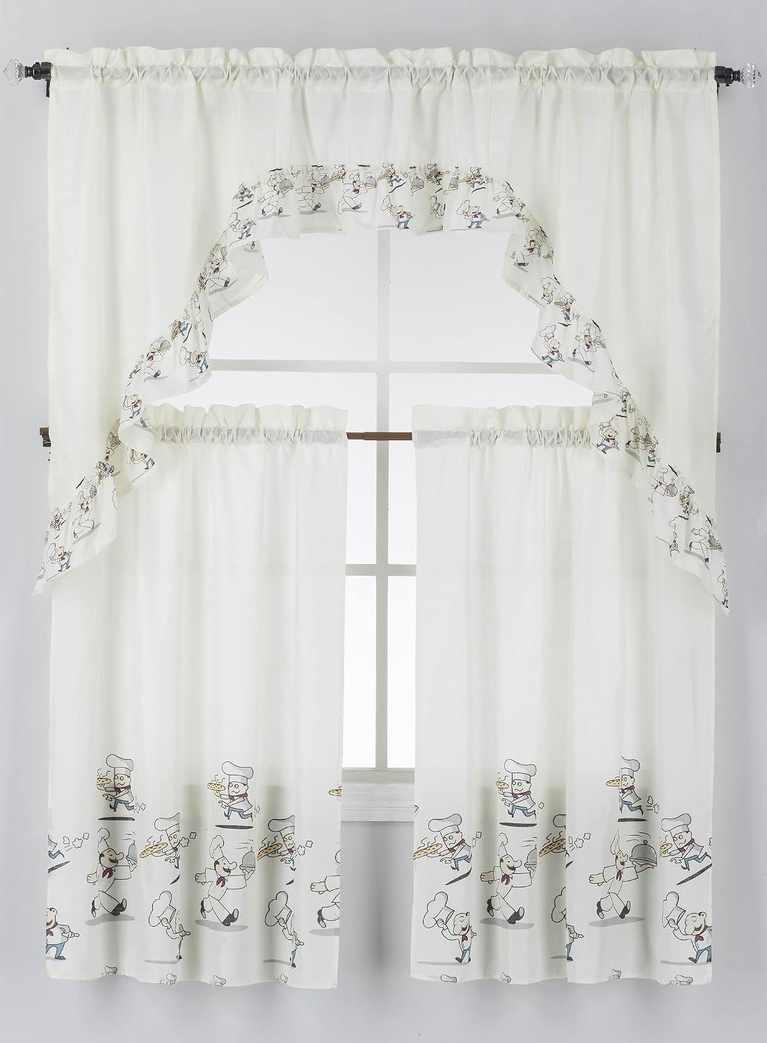 GAI LO 3 Piece Printed Kitchen Curtain Valance Set Swag Drapes 60-Inch X 36-Inch Chef 2