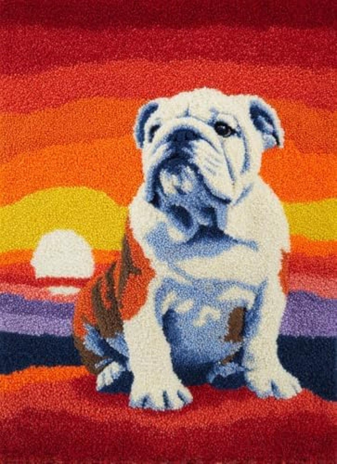 XDEGHUANGSS Latch Hook Rug Kit English Bulldog Dog Sit Under Sunset with Pre-Printed Mat Cover DIY Cushion Crochet Yarn Hooking Craft Set for Floor Decor 38x52cm