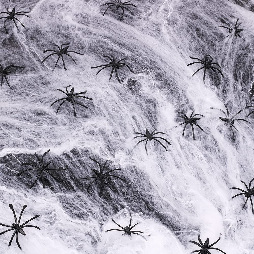 EnriQ 1000sqft Fake Spider Web Halloween Party Decorations Indoor Outdoor, Stretchy Spider Webbing with 40pcs Spiders for Party Props