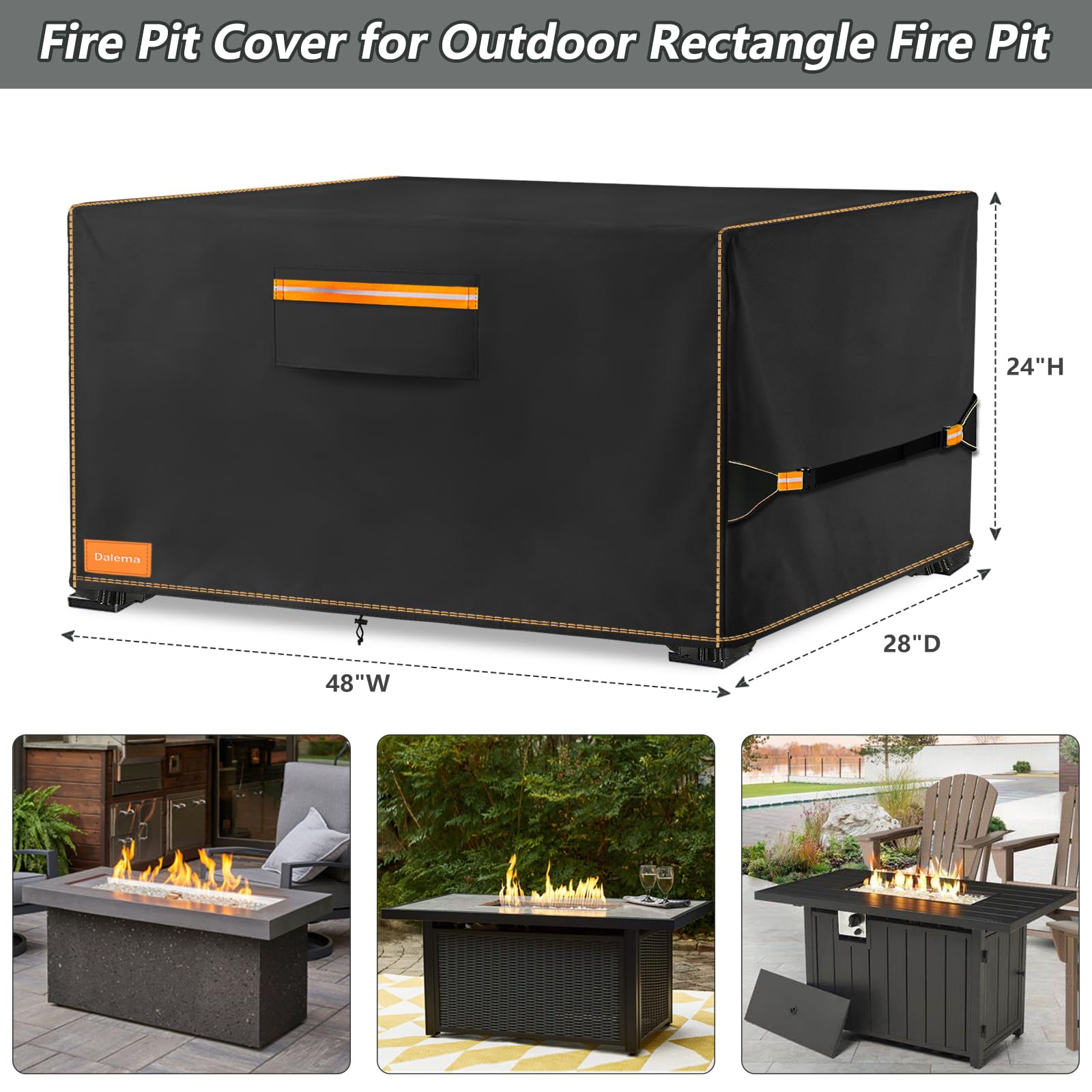 Dalema Rectangular Fire Pit Cover,Outdoor 600D Heavy Duty Waterproof Tear-Resistant 48 Inch Rectangle Firepit Covers,Patio Weatherproof Fire Table Cover Rectangular,Black 48