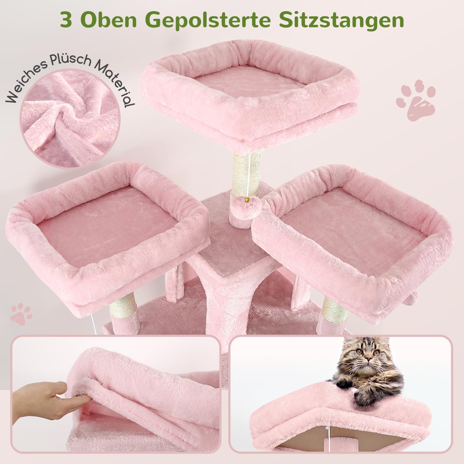 Globlazer F80 drapak różowy XXL z hamakiem 204 cm dla 2/3 kotów | Drzewko dla kota z 3 drążkami do siedzenia, domki dla kotów, łatwy montaż zamek dla kota do salonu, sypialni, studia