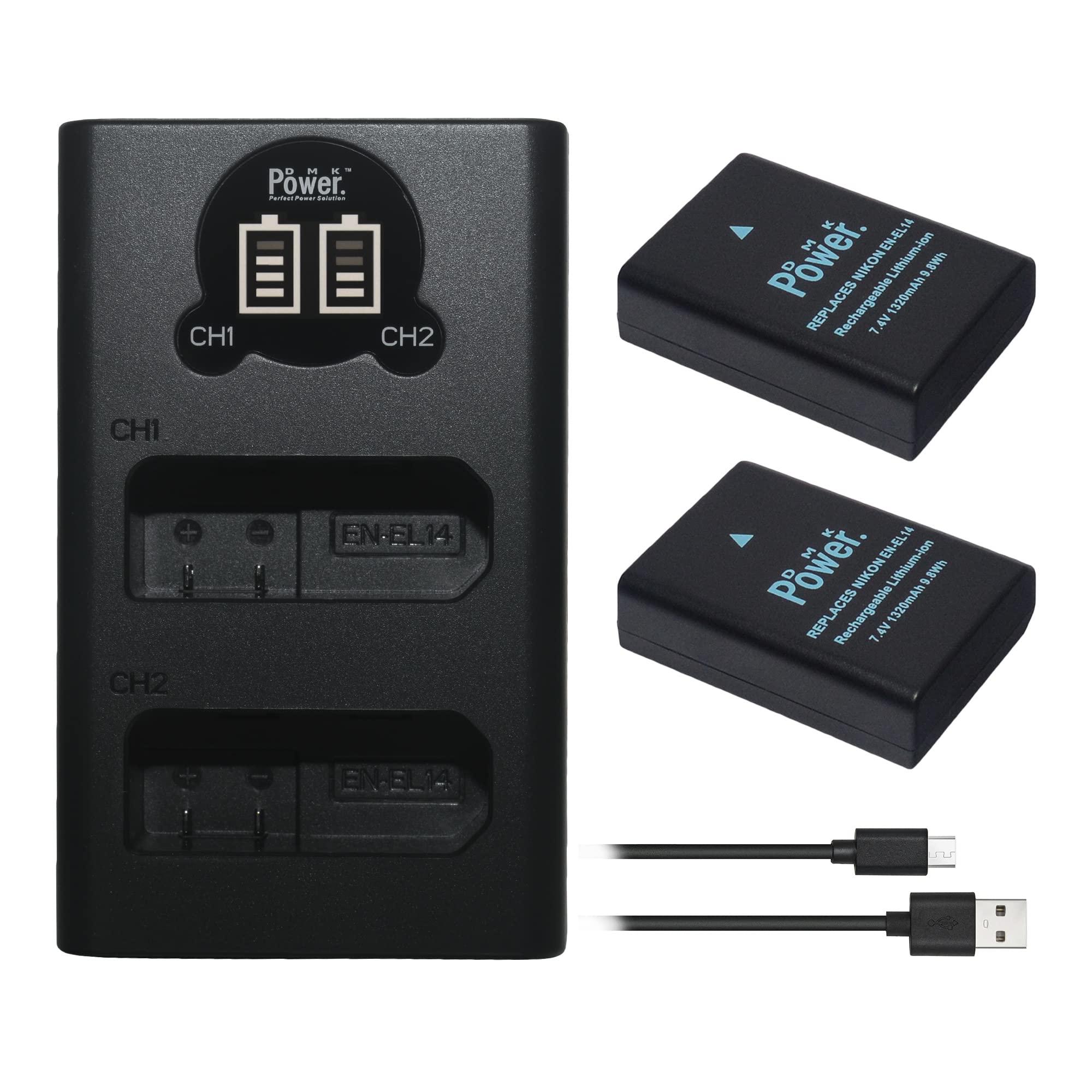 EN-EL14A, EN-EL14 Battery with Battery Charger Compatible with Nikon D3100, D3200, D3300, D3400, D3500, D5100, etc,. (TC-USB2 III + 2pcs 1320mAh Battery)