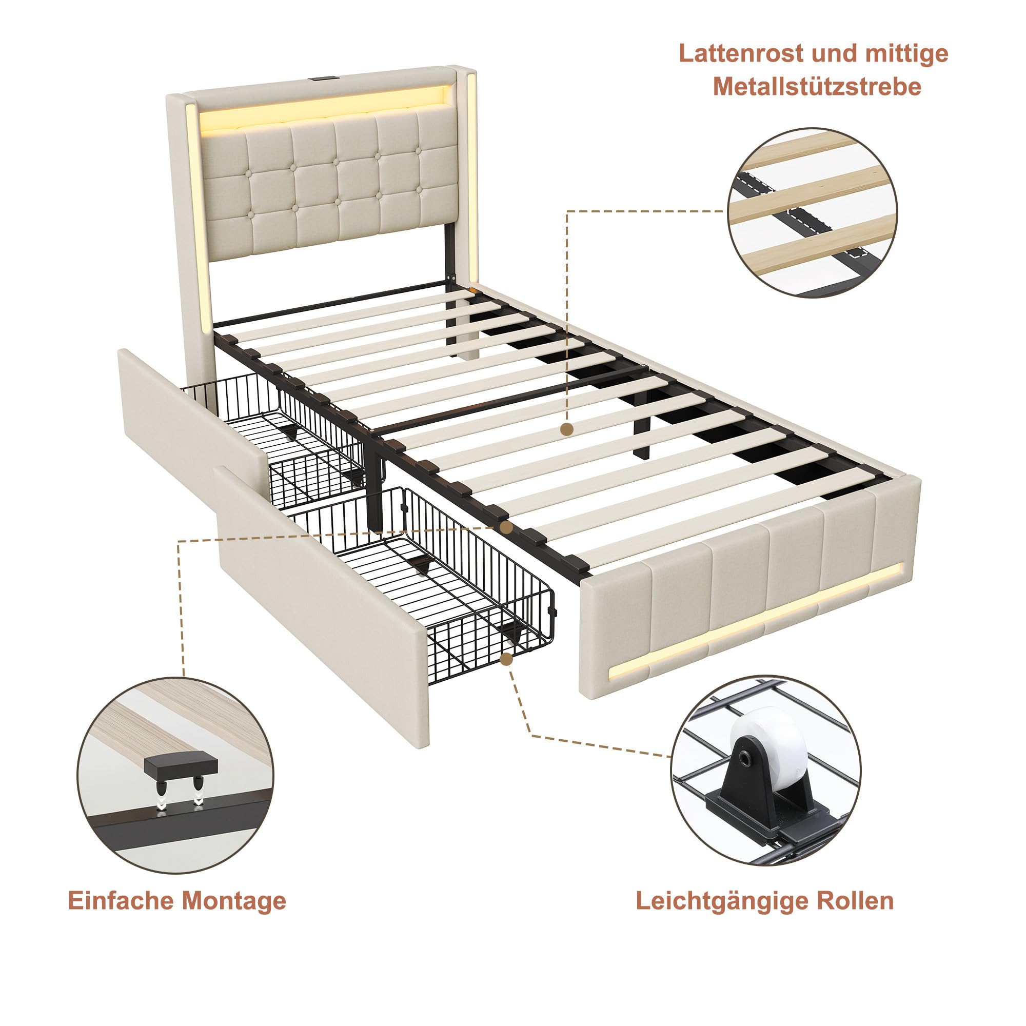 Cama tapizada 90 x 200 cm con espacio de almacenamiento, cama individual con cajones, cama juvenil con iluminación LED y estación de carga, estructura de cama con marco de metal y somier de