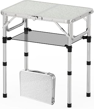 Folding Camping Table, Aluminum 24" x 16" Adjustable Height Small Folding Table with Carrying Handle, Lightweight, Portable Camping Table Waterproof for Outdoor Indoor Picnic Beach BBQ, Silver