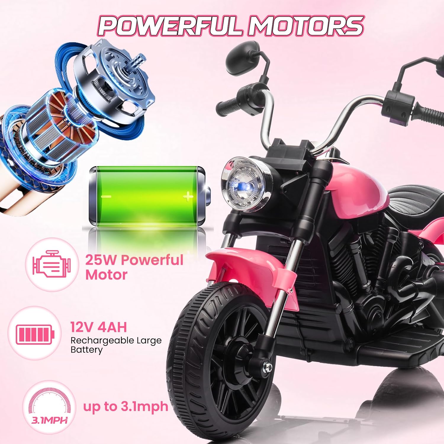 Kids Motorcycle, 12V Battery Powered Electric Motorcycle, 3-Wheel Ride On Motorcycle w/Training Wheels, Reverse, Headlight, Horn, Music, Ride On Toy for Kids Toddler Boys Girls Ages 3-5 Years (Pink