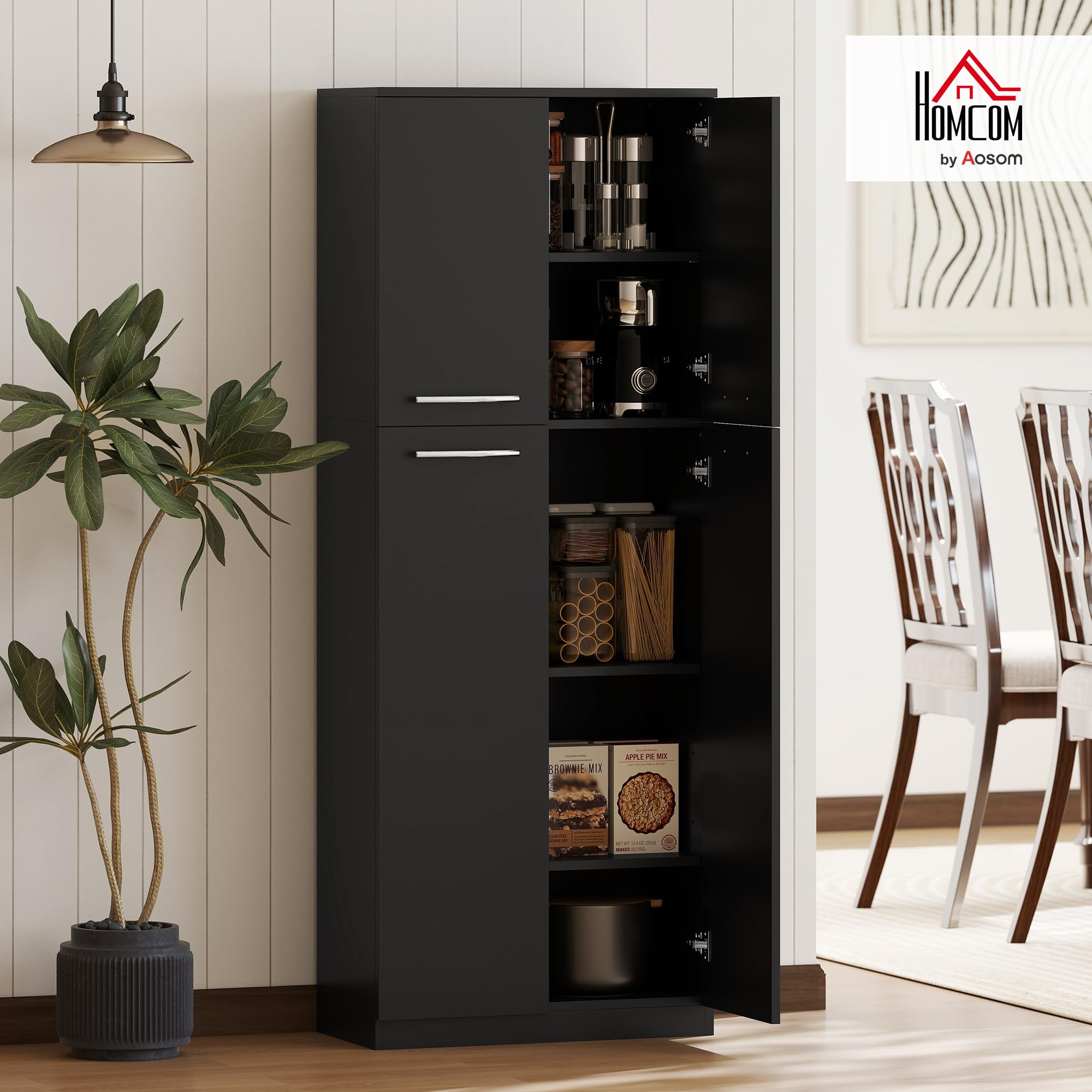 HOMCOM Credenza Cucina, Mobile Dispensa con 2 Armadietti, Mobile Cucina con Ripiani Regolabili in MDF, per Sala da Pranzo, Soggiorno, Salotto, 59x31x155 cm, Nero