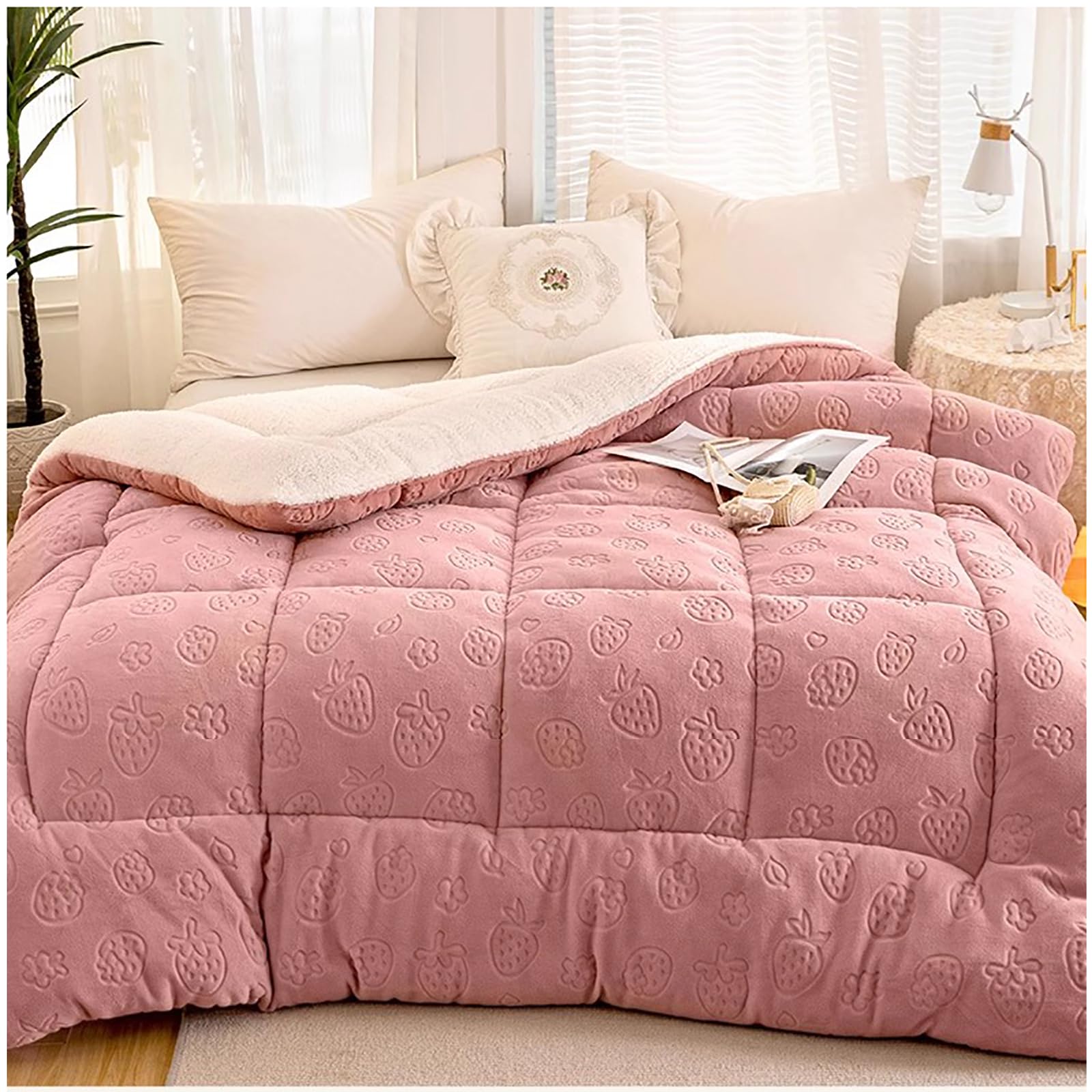 ZTGL Manta Cama 150/180/200/220 Invierno Manta Sofa Grande Polar Reversible de Franela Manta Sofa Gruesa Edredón De Plumón De Microfibra Suave y Borreguito, Muy Cálido,Rosado,110x150cm(1kg)