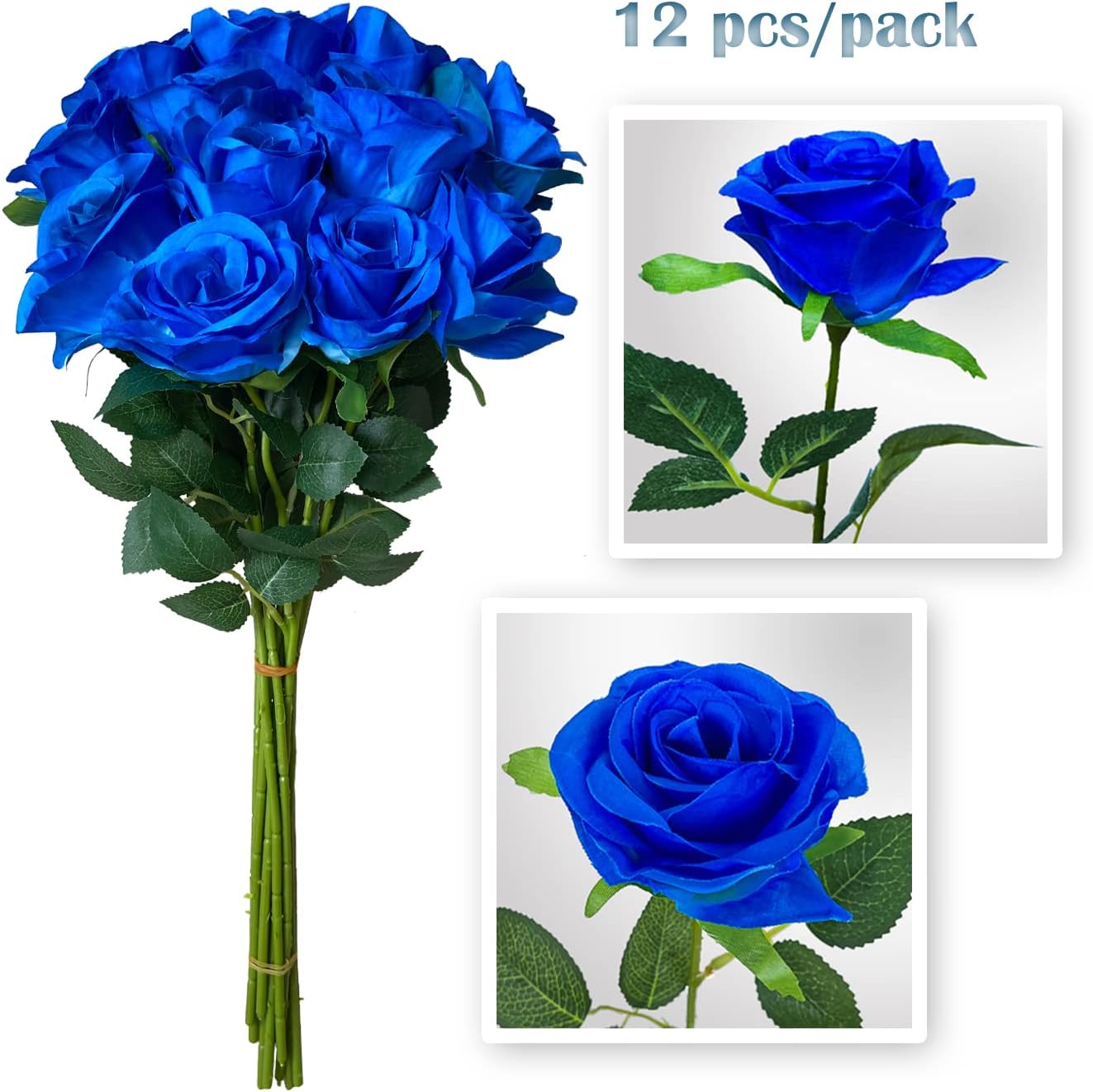 12 PCS Rose Artificial Silk Flowers, Fake Roses with Long Stems Realistic Faux Rose Flower Bouquets for Home Wedding Decoration Party-Sapphire Blue - Image 3