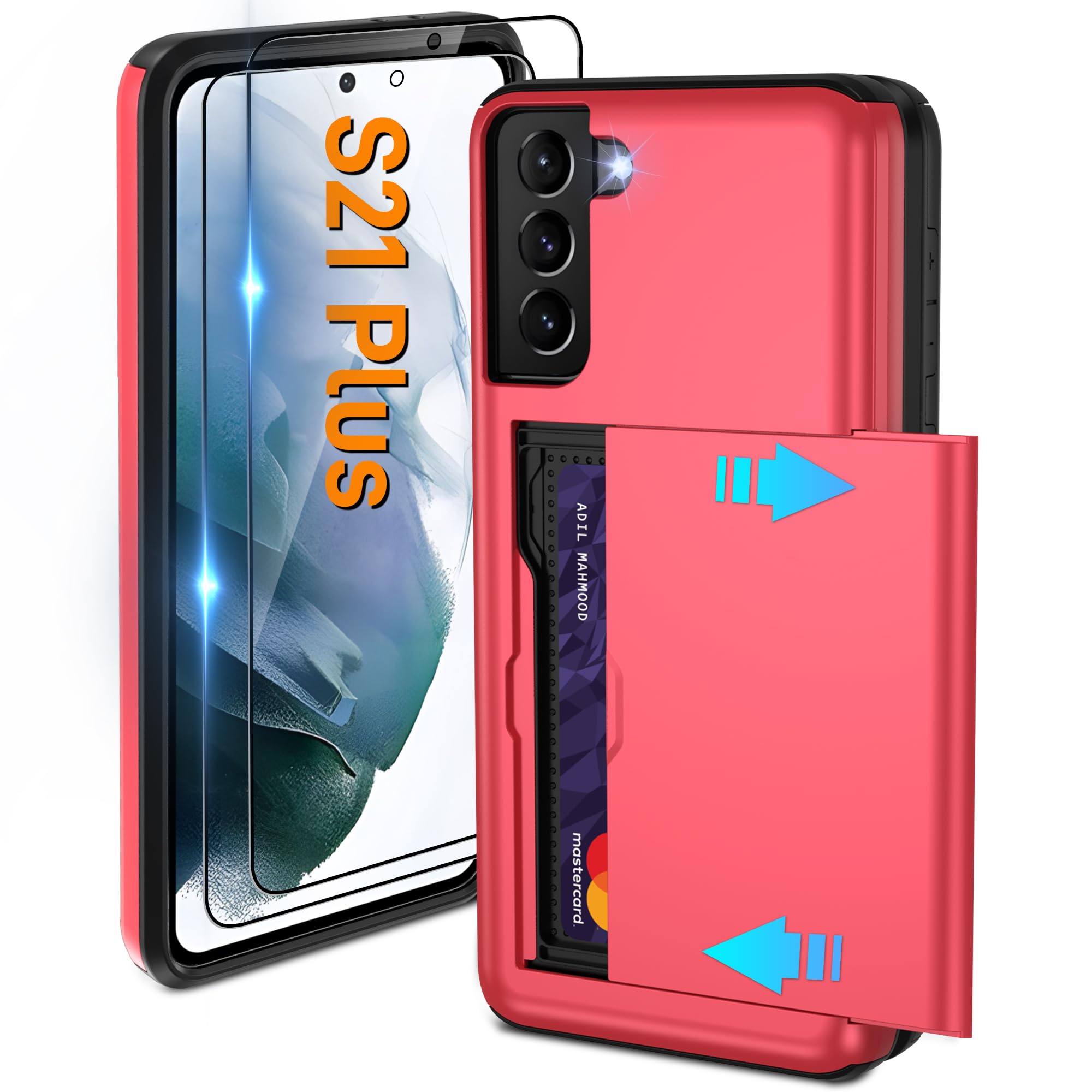 Pilaru for Samsung Galaxy S21 Plus Case with Card Holder and (2 Pcs) HD Screen Protector, Slim Heavy Duty Dual Layer Shockproof Design & Hidden Card