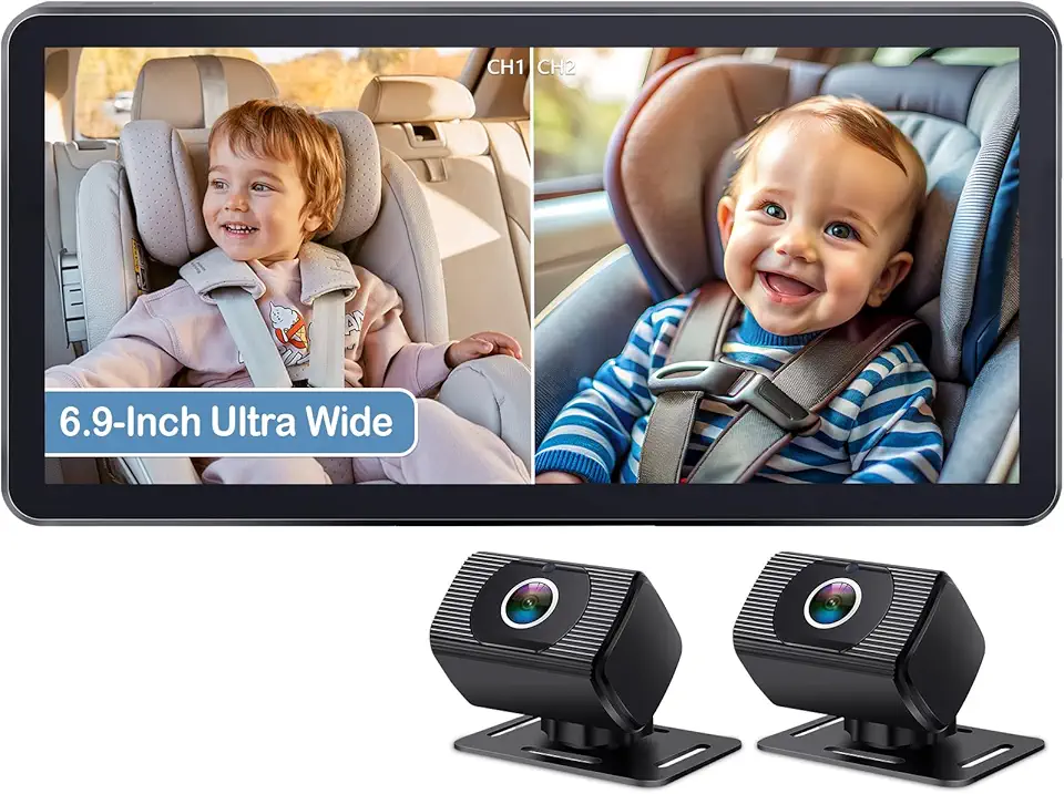 2-Kids Baby Car Camera for Seat: 6.9 Inch Ultrawide Display with Two Cameras Rear Facing - USB Powered Backseat Camera HD 1080P Easy to Install