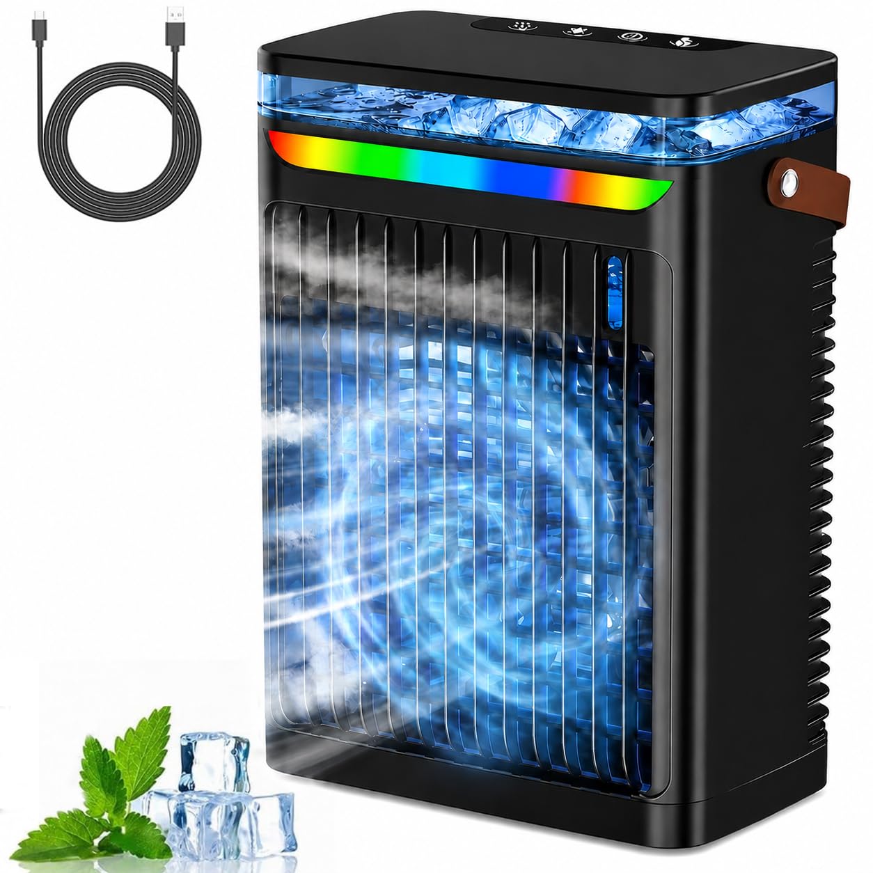 Portable Air Conditioner, 3 in 1 Evaporative Cooling Fan, Add Water or Ice, 6 Wind Speeds, 1-6H Timer, 7-Colour Night Light, Personal Desk Air Cooler for Bedroom, Home Office, Living Room (Black) — image 1