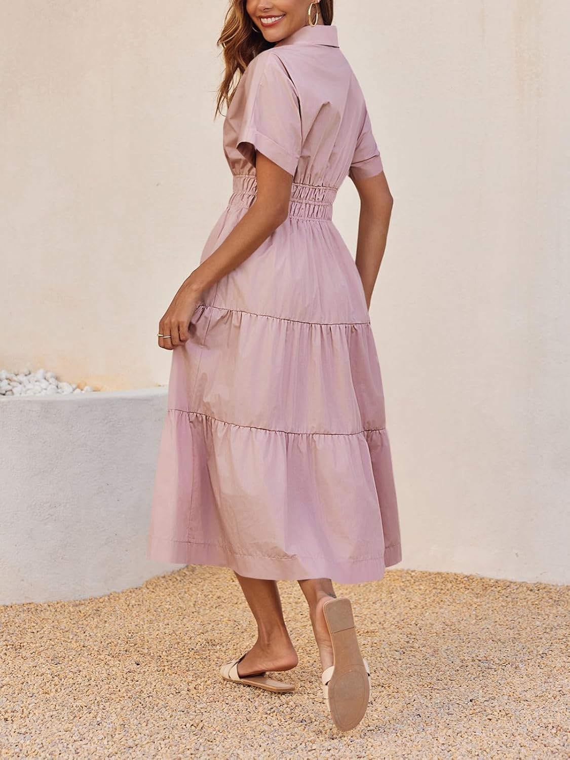 Wenrine Womens Summer Short Sleeve Maxi Dresses Casual V Neck Smocked Loose Tiered Flowy Shirt Dress with Pockets - Image 5