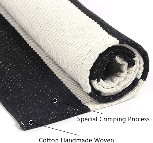 Miniatura 7 de KIMODE - Alfombra de algodón tejida con diseño a rayas en color negro, para puerta de entrada, cocina, decoración de estilo rústico