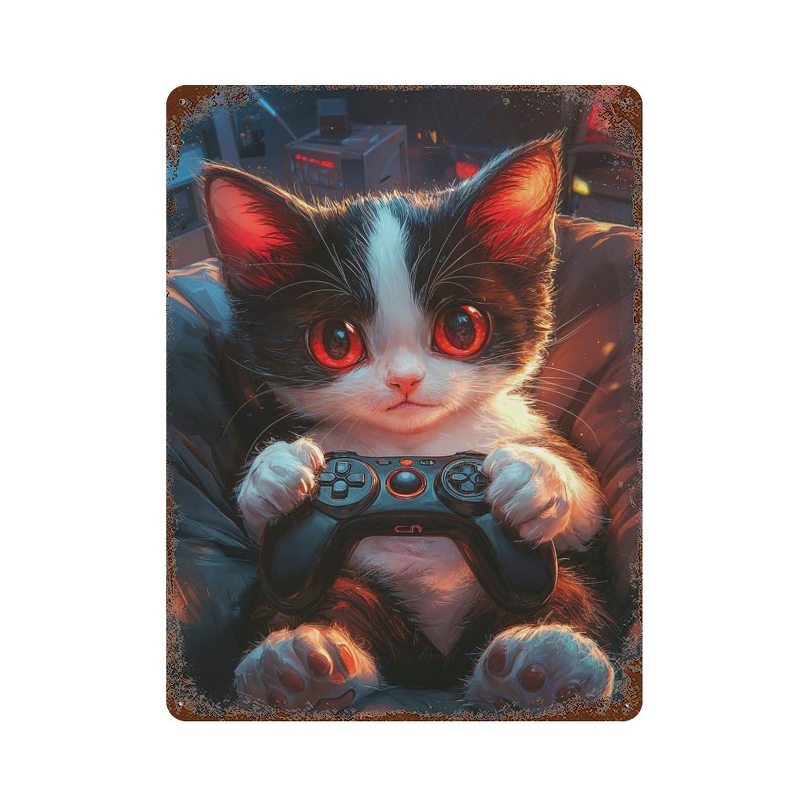 Gamer Cat Rusty Metal Tin Sign 15.7"x11.8", Classic Wall Plaque for Pub, Kitchen And Man Cave Decor