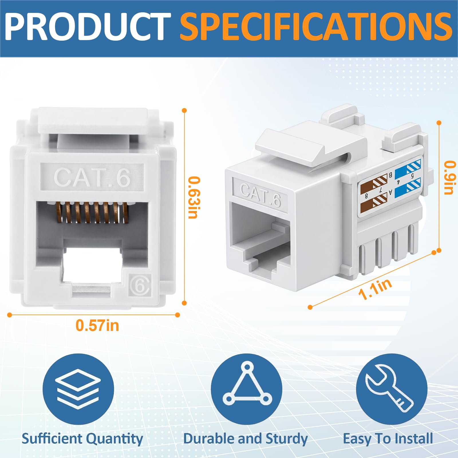 Hoteam 125 conectores Keystone Cat6, acoplador modular Ethernet Rj45, conector UTP de 90 grados para placa de pared, panel y caja de montaje en superficie (blanco)
