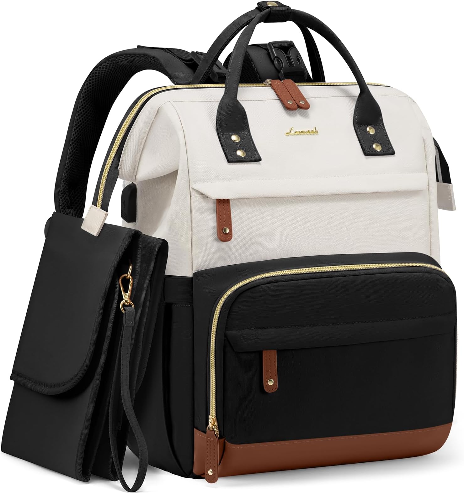 Diaper Bag Backpack, Baby Bag with Changing Station, Large Diaper Backpack for Mom Dads, Waterproof Mommy Bag for Boy and Girl, Travel Essential Baby Shower, Black-Beige