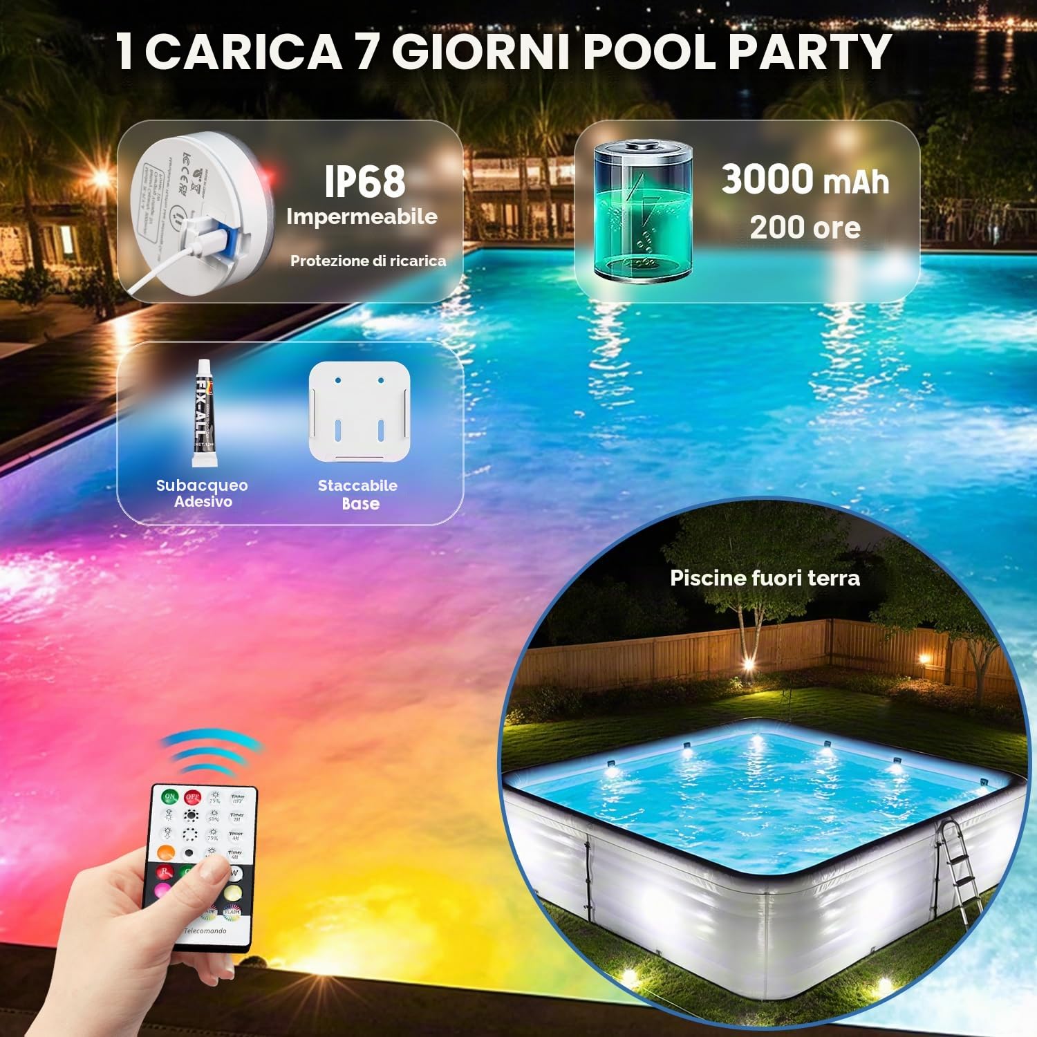 Idyl Light Luci sommergibili ricaricabili per piscina, con telecomando e funzionamento a batteria, LED colori vari, magnetizzate, luci galleggianti